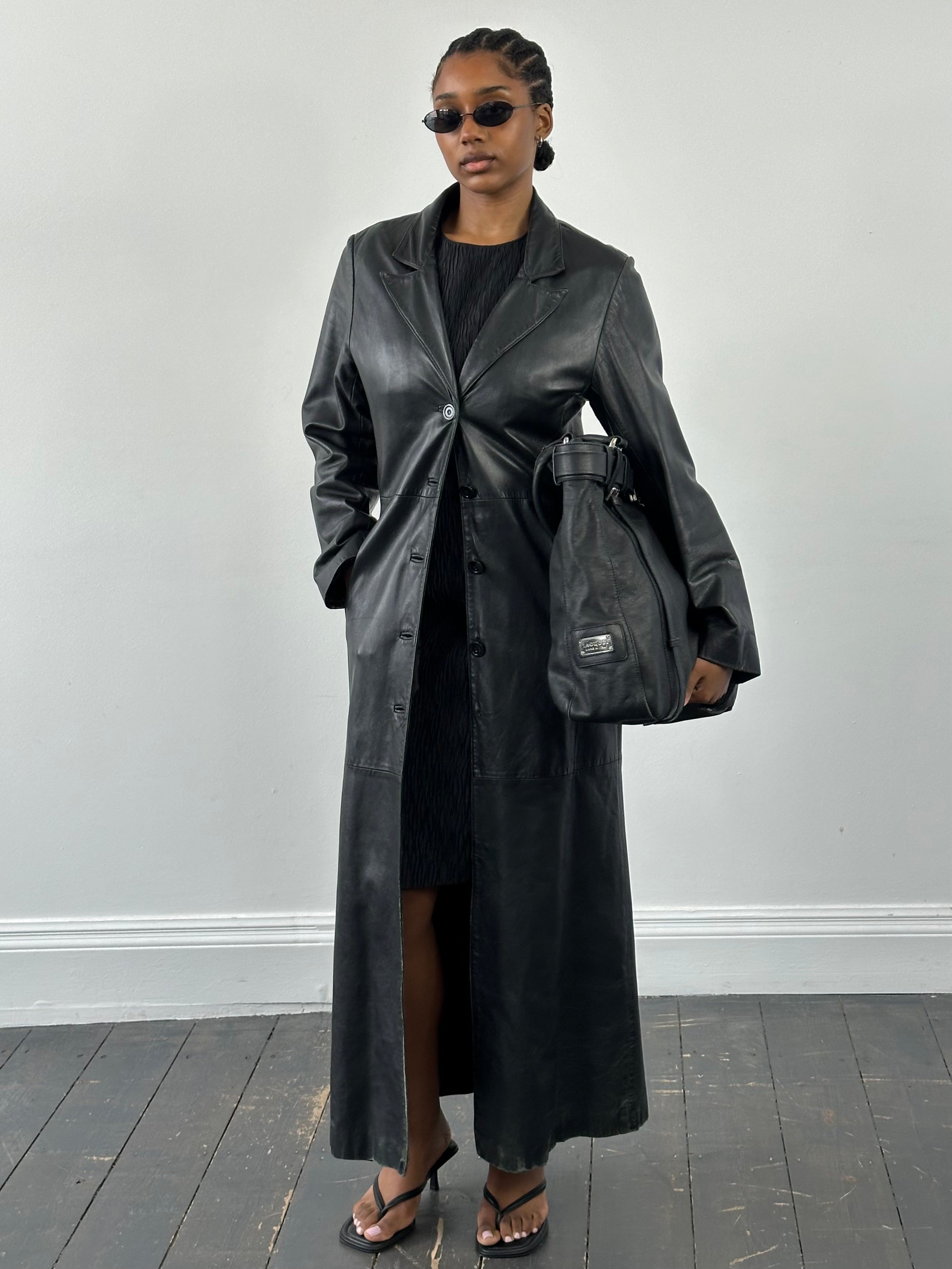 Vintage 1990s floor length leather trench coat, S/M, stylish vintage leather jacket with classic design and rich texture.