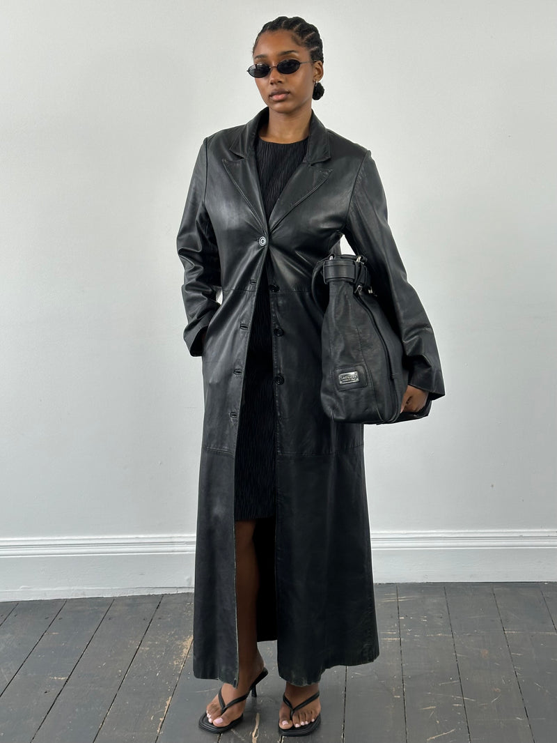 Vintage 1990s Floor Length Leather Trench Coat - S/M