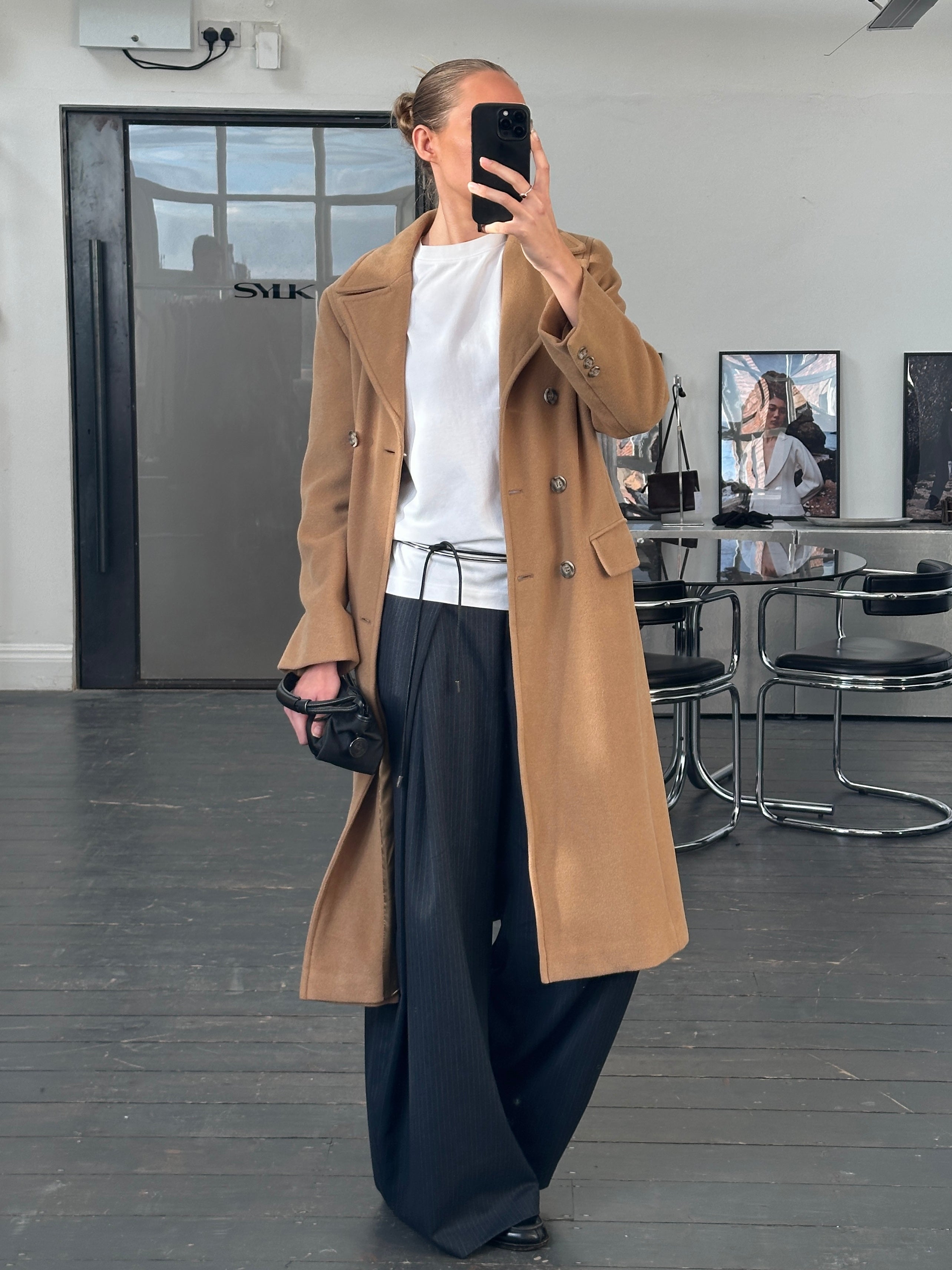 Marella 1990s Virgin Wool double-breasted coat in size M, tailored fit with classic lapel collar and button closure.