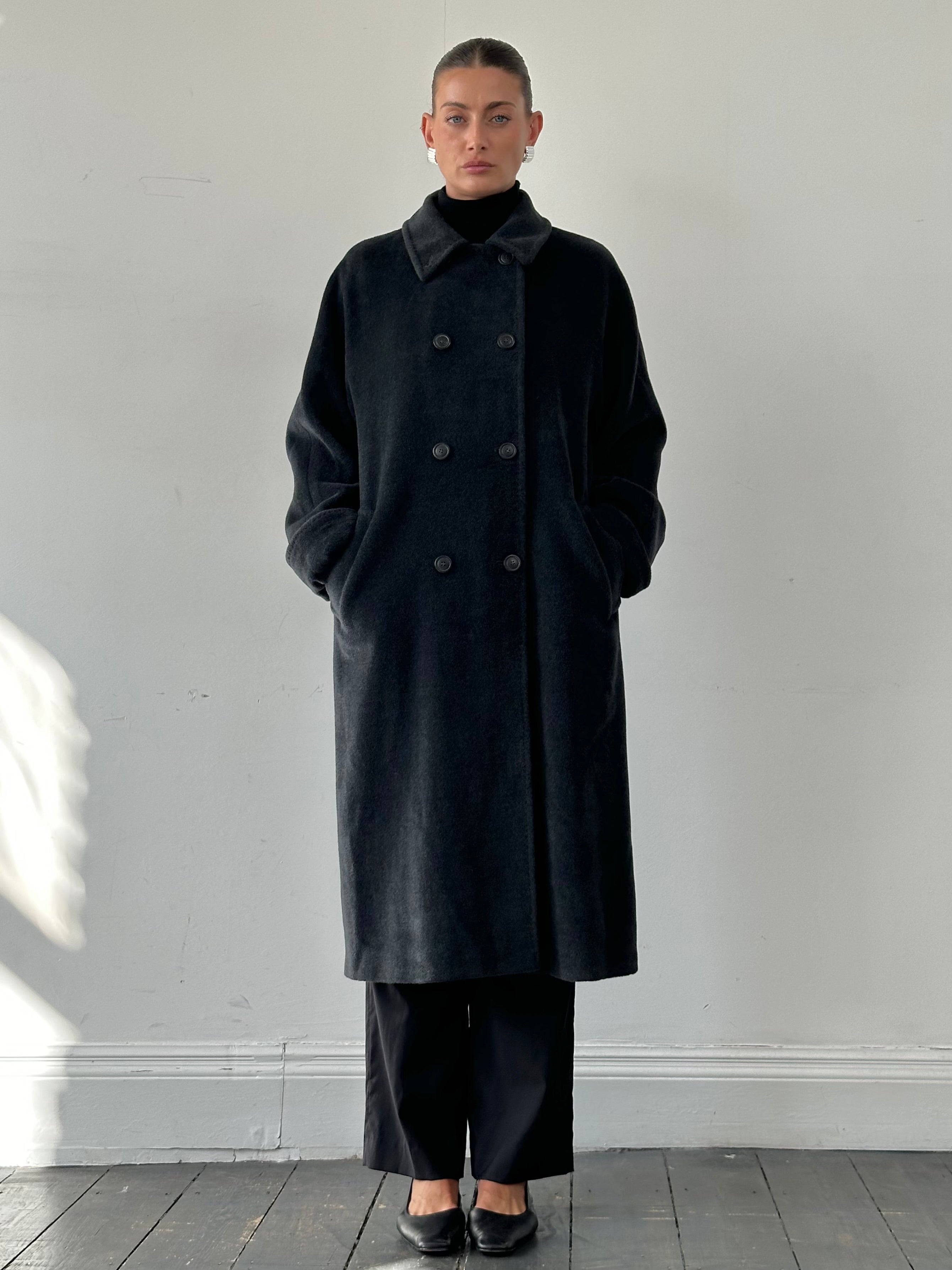 Marella wool cashmere double-breasted coat in XL, showcasing a classic design with wide lapels and button details.