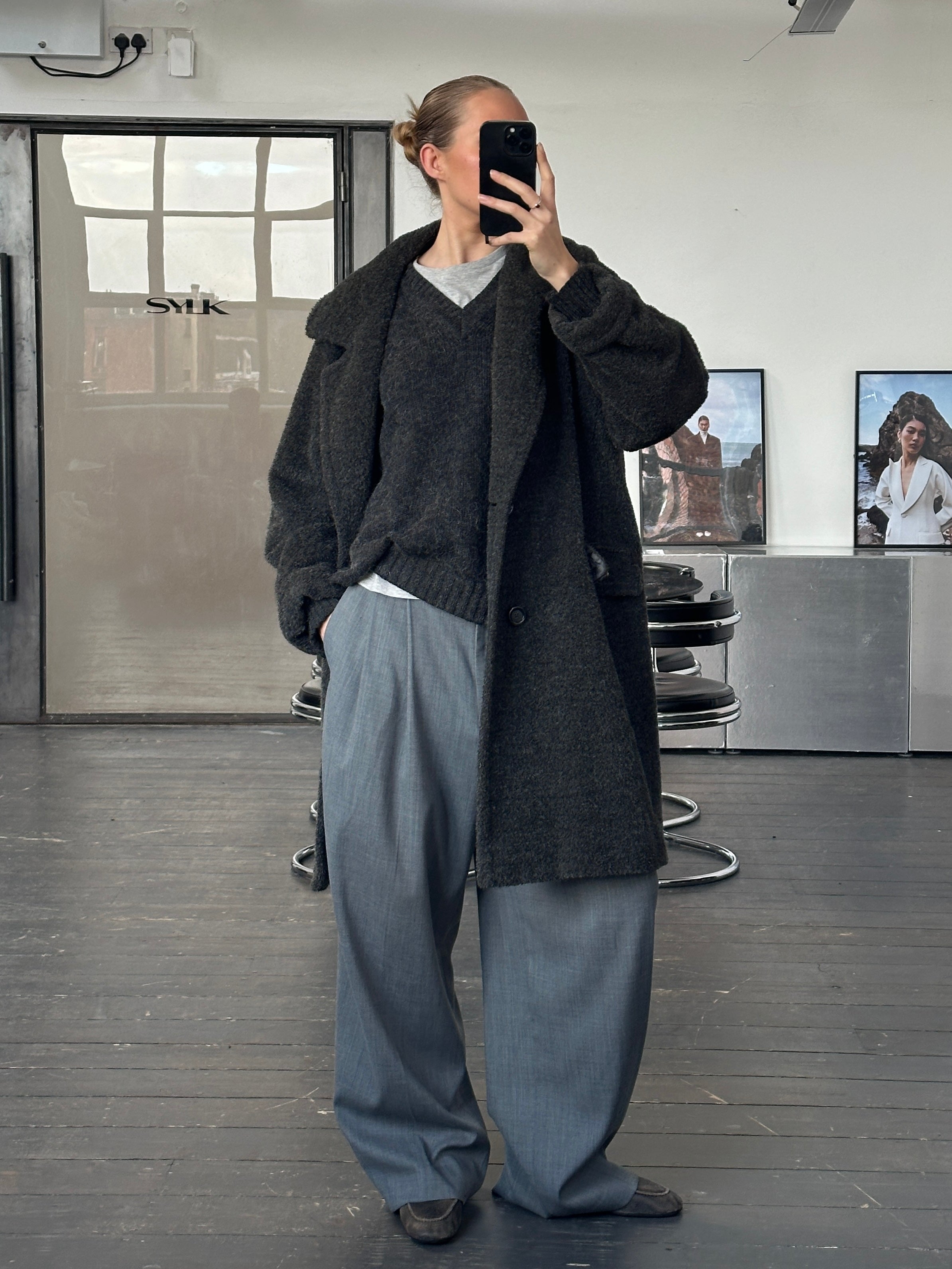 Max Mara 1990s alpaca wool double-breasted coat in XL, shown hanging with classic tailored design and textured fabric.