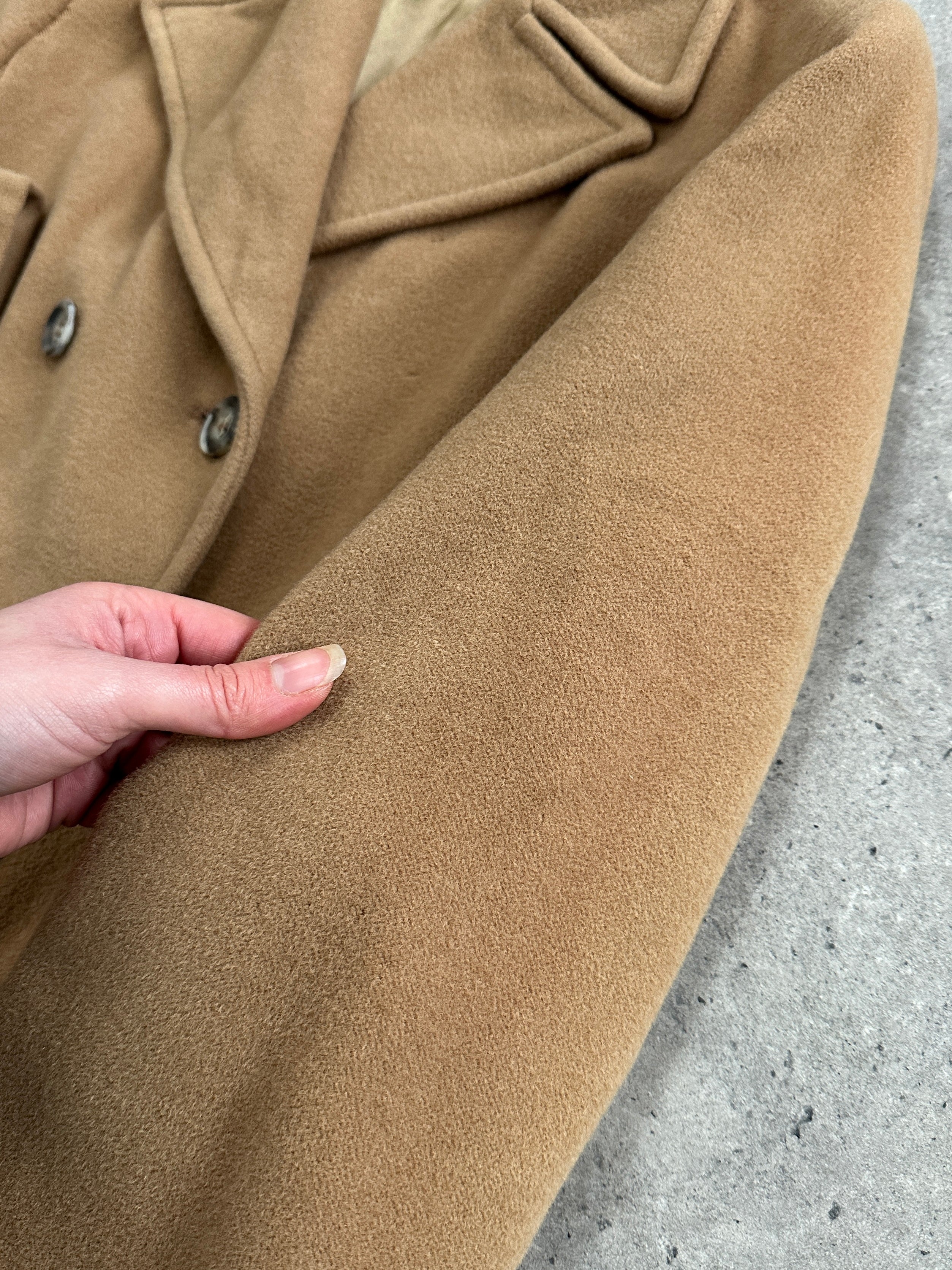 Marella 1990s virgin wool double-breasted coat in size M, featuring classic lapels and a tailored fit in a neutral color.