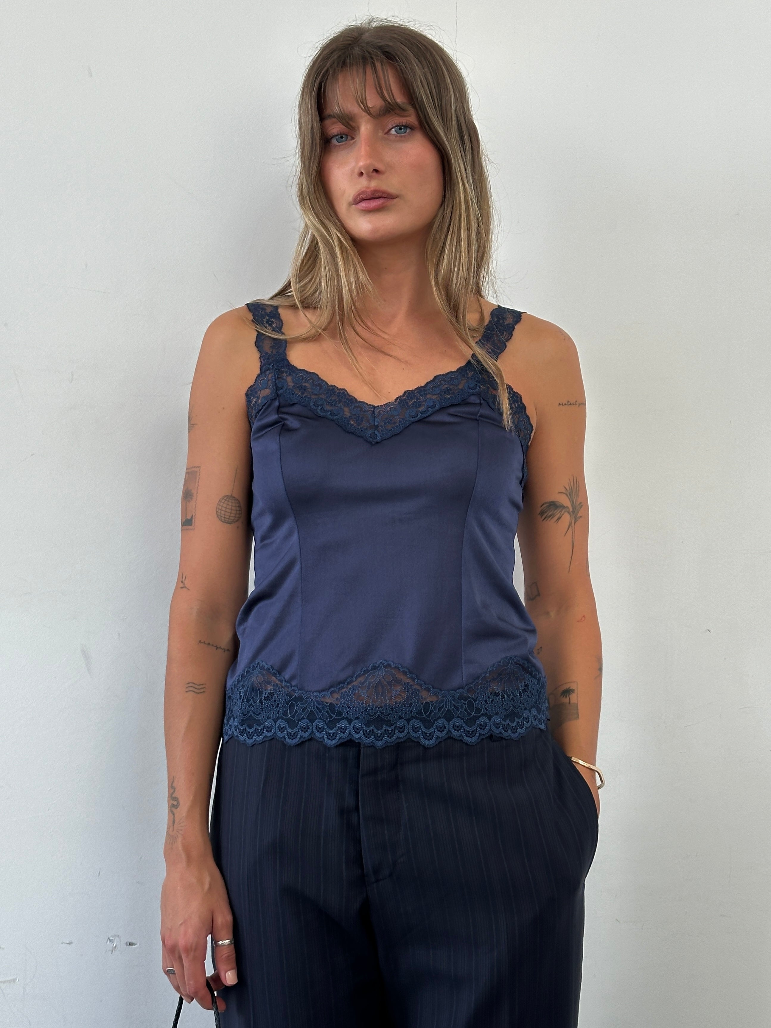 St Michael 90s satin lace cami top in XS, featuring delicate lace details and a smooth satin finish.