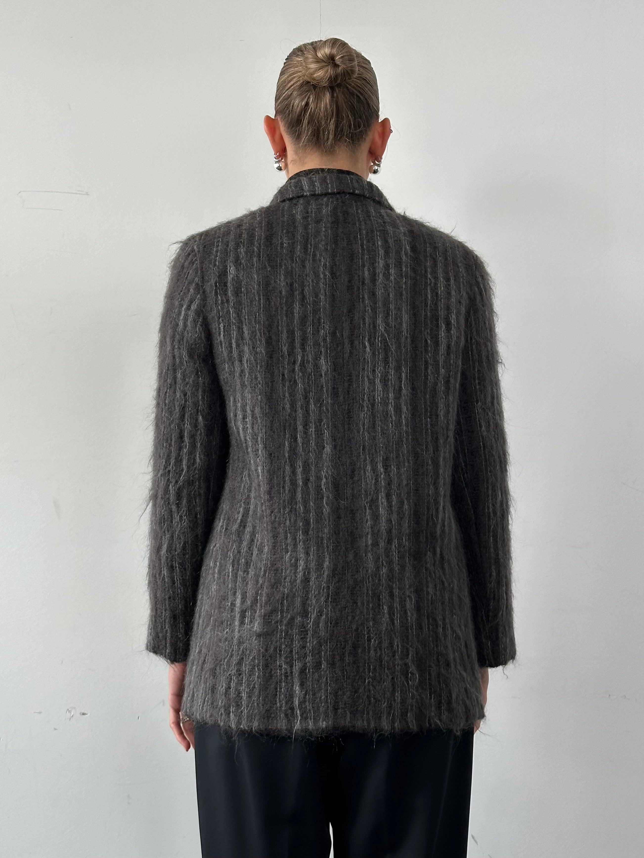Jaeger Mohair Fuzzy Stripe double-breasted coat in beige and pink, featuring a textured mohair fabric and classic lapel collar.