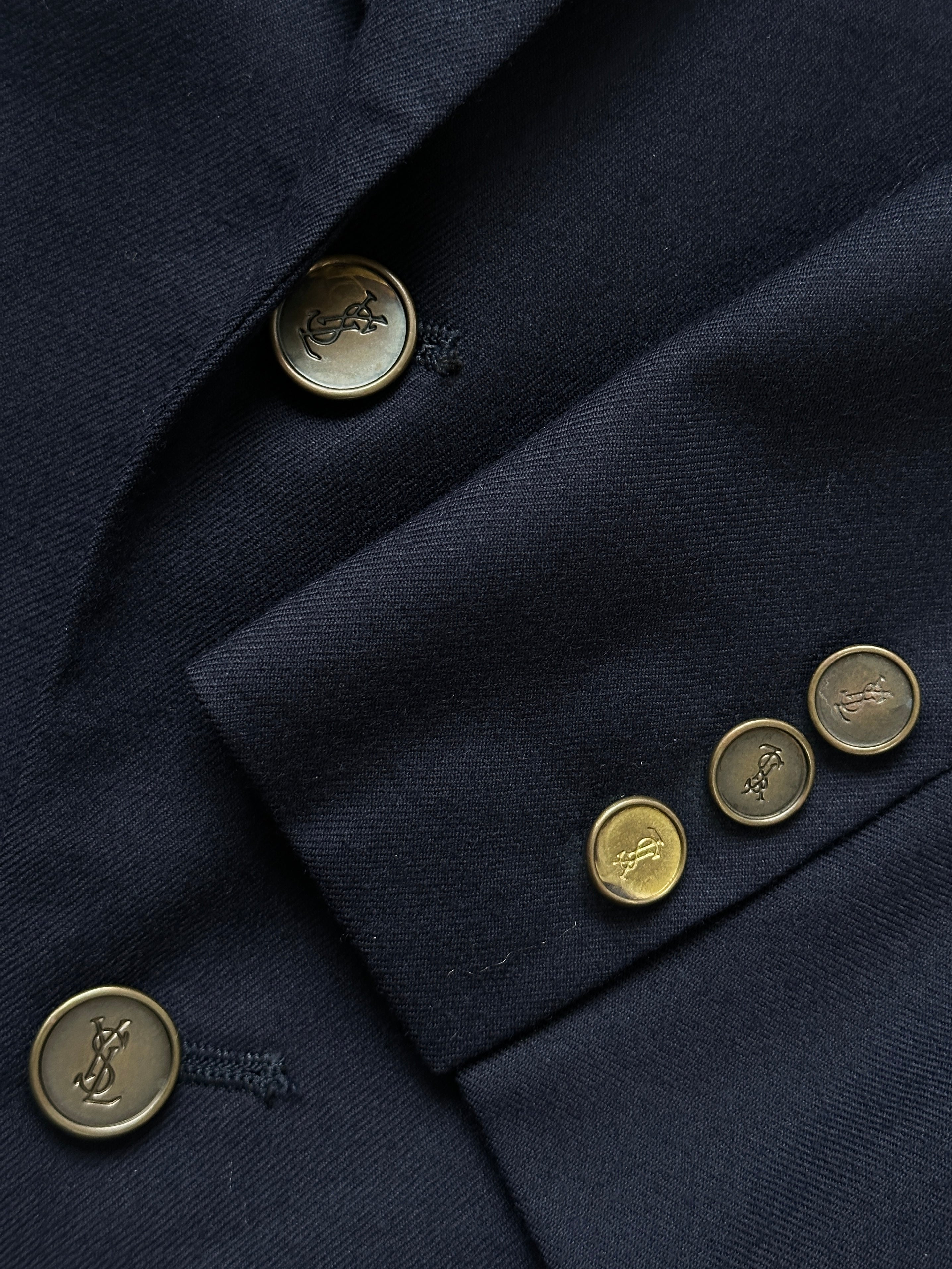 Yves Saint Laurent men's 1990s pure wool bespoke button blazer, size 46R/XL, tailored fit in classic dark color.