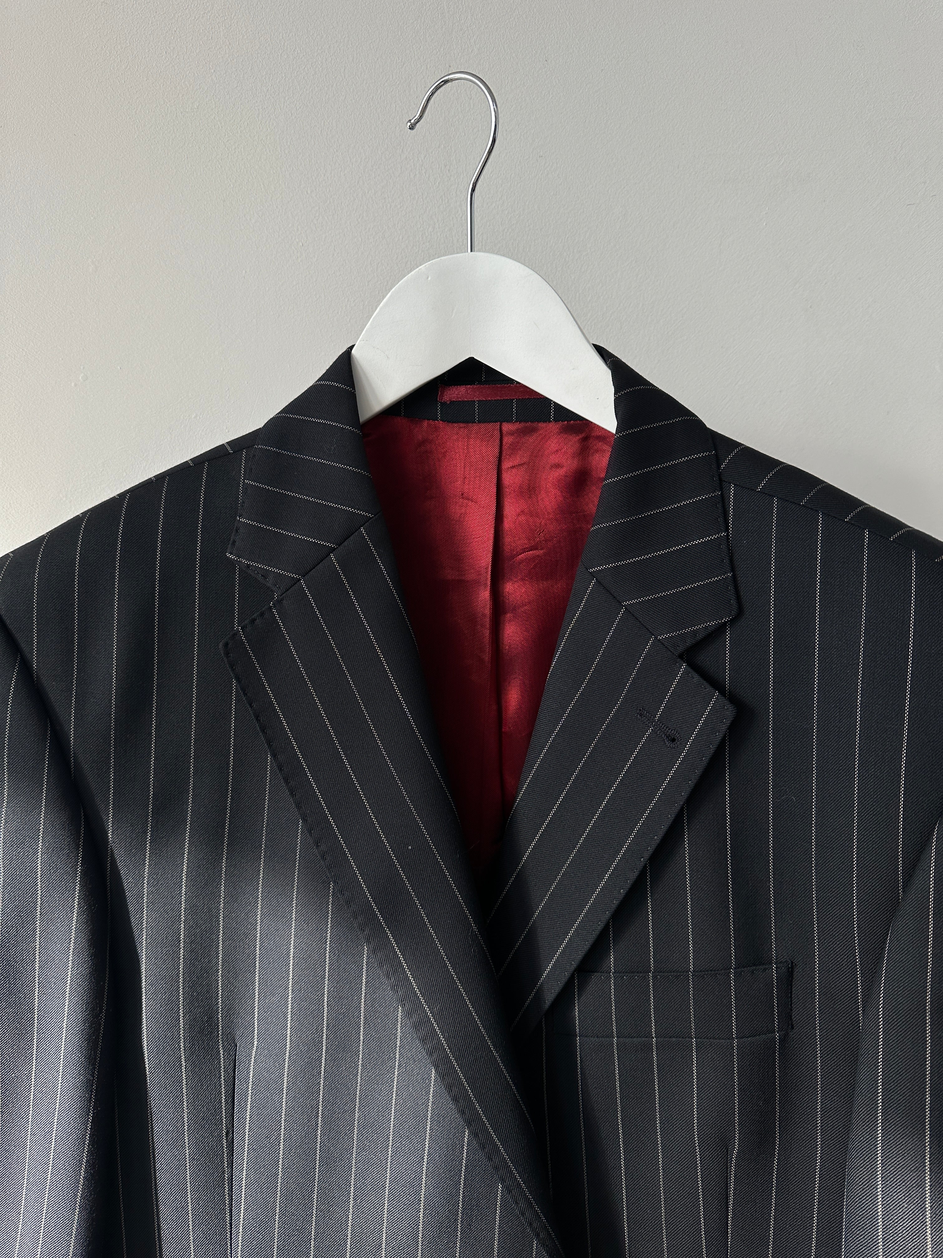 Vintage pinstripe pure wool single-breasted blazer in size 44L/XXL, shown in classic tailored fit with notch lapels.