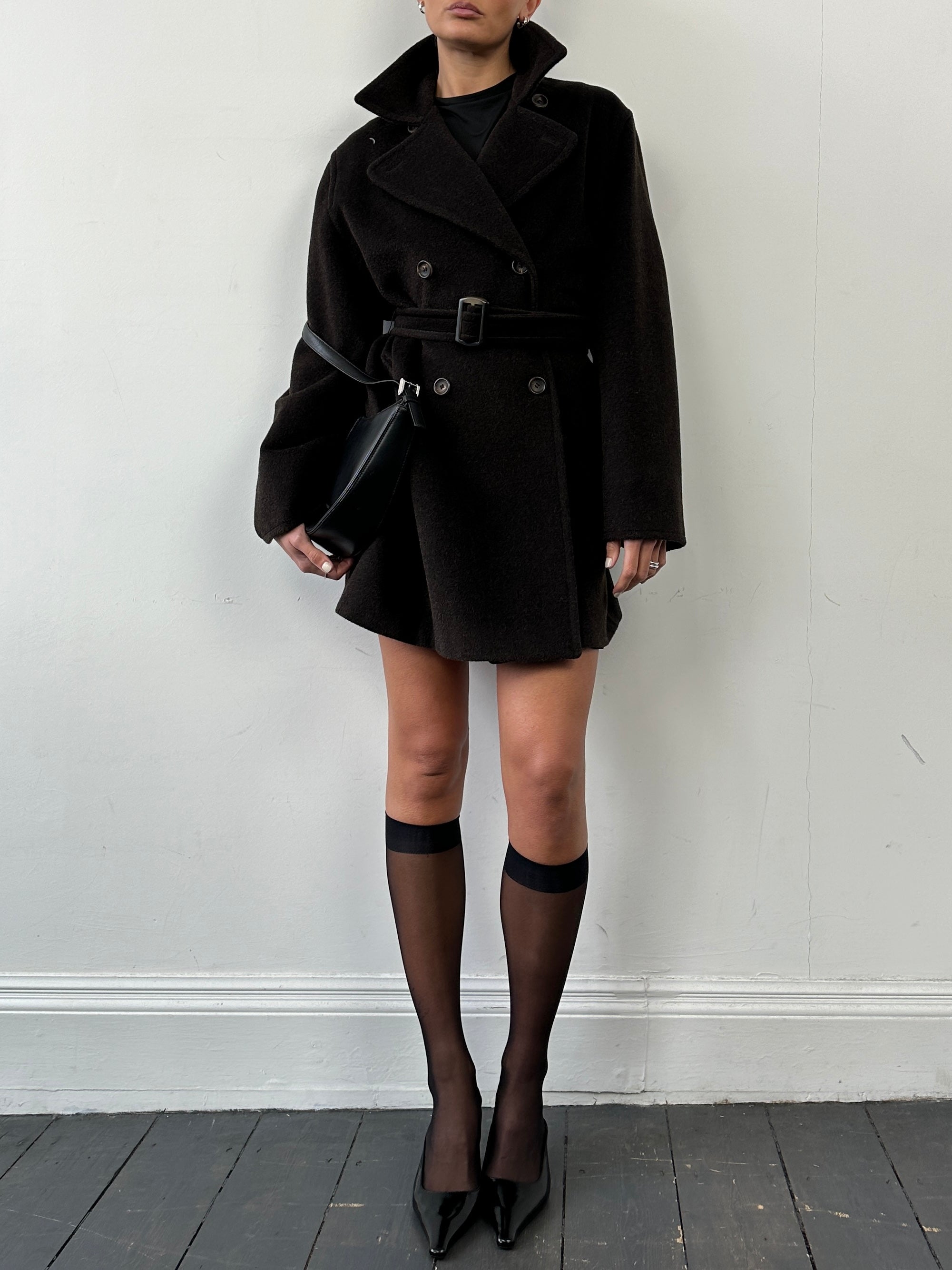 Marella Wool Mohair Double Breasted Belted Coat in size L/XL, featuring a stylish collar, belt, and textured fabric.
