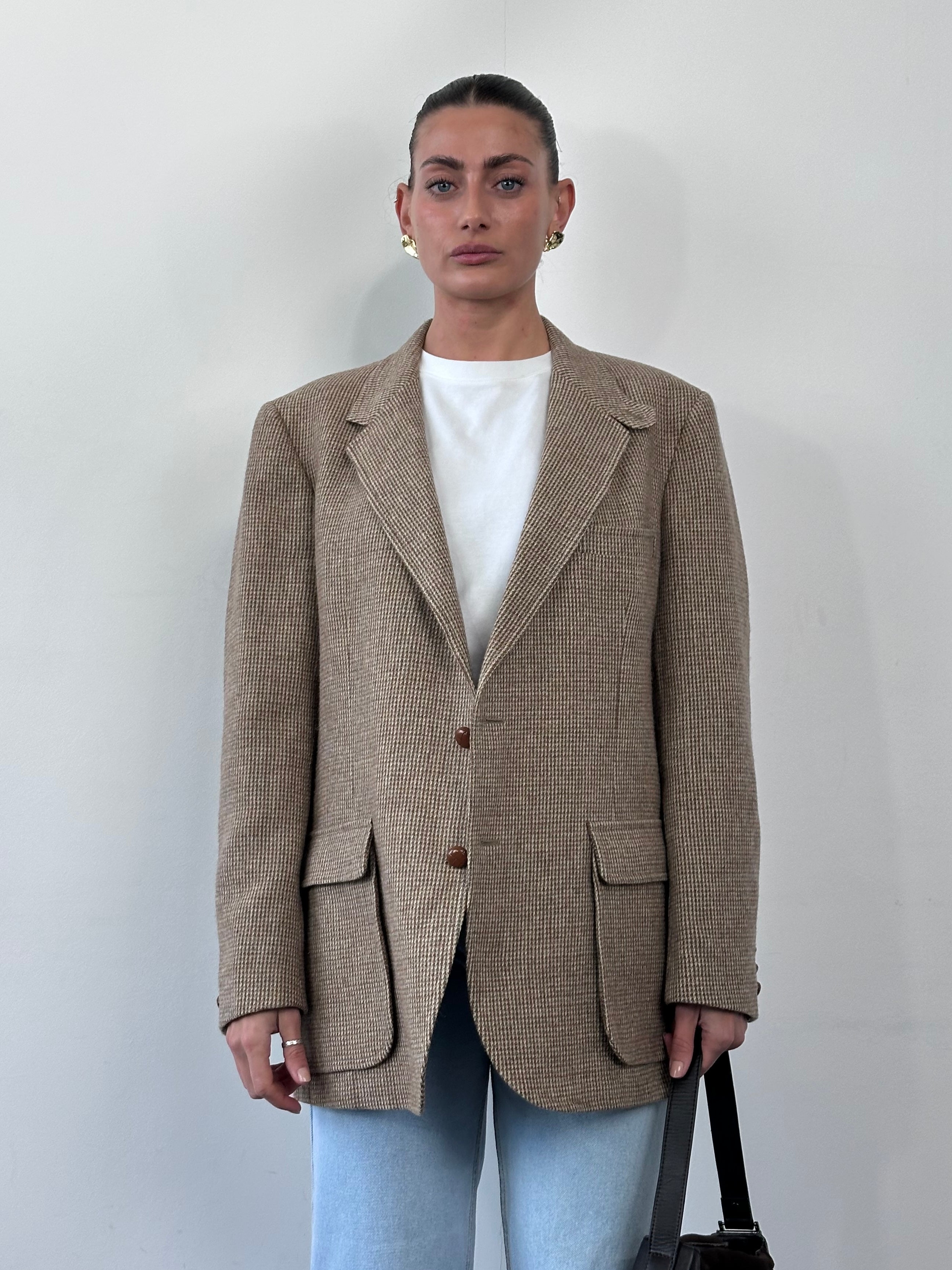 Pendleton 80s tweed wool blazer in XL, single-breasted design with classic tailored fit and textured fabric.