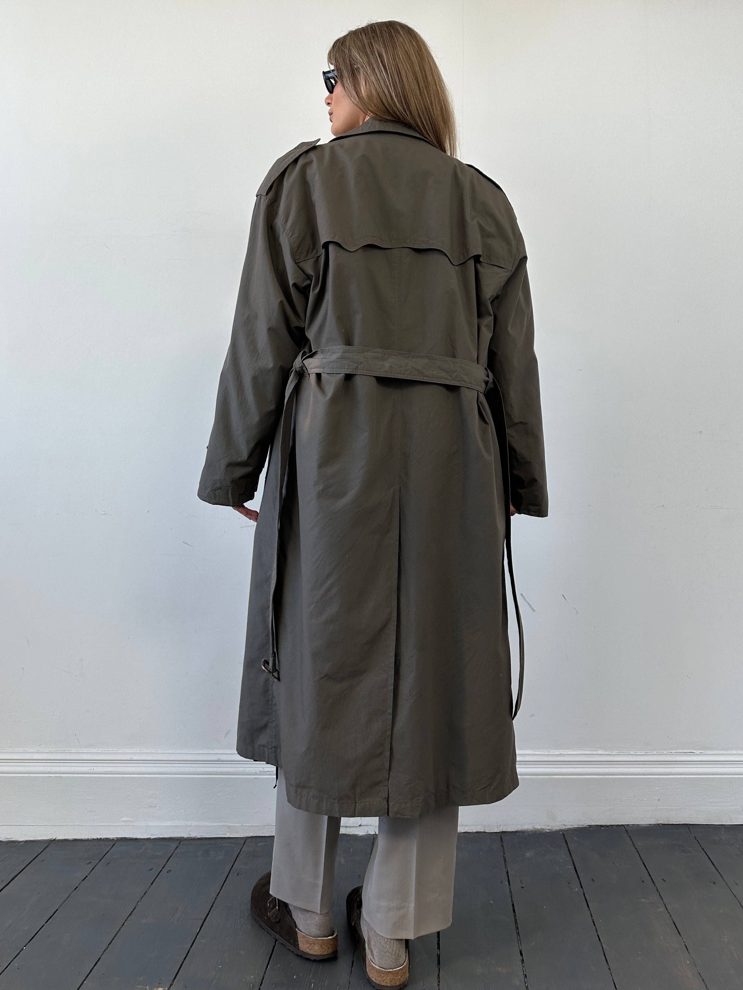 Christian Dior belted cotton wool trench coat in beige, size 42R/XL, featuring classic double-breasted design and stylish lapels.
