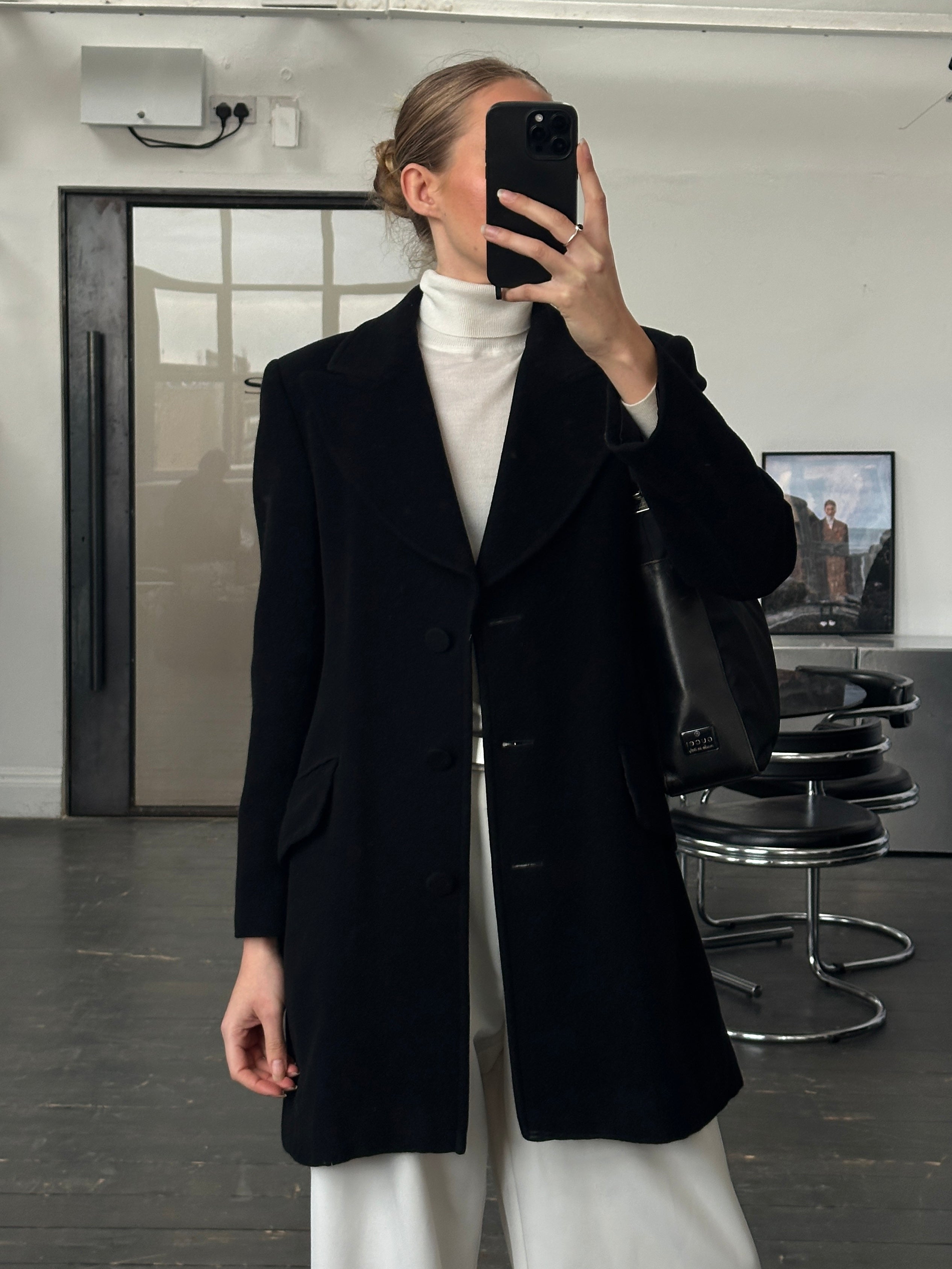 Emporio Armani 1990s wool camel coat in size S/M, featuring a classic tailored design and warm fabric with a smooth finish.
