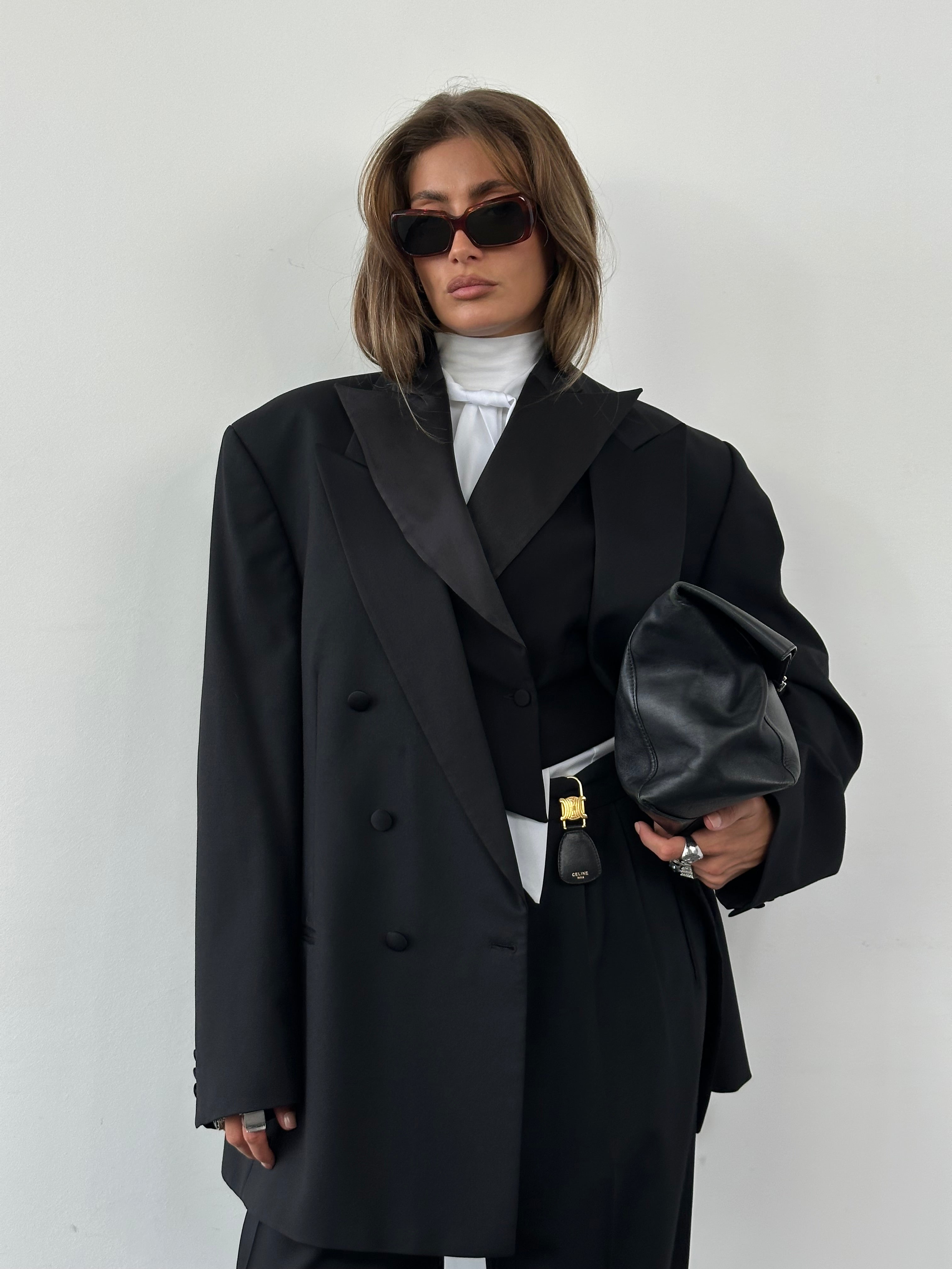 Vintage 1990s men's tuxedo suit, double-breasted wool jacket with peak lapels, size 46R/W34-36, classic and formal style.