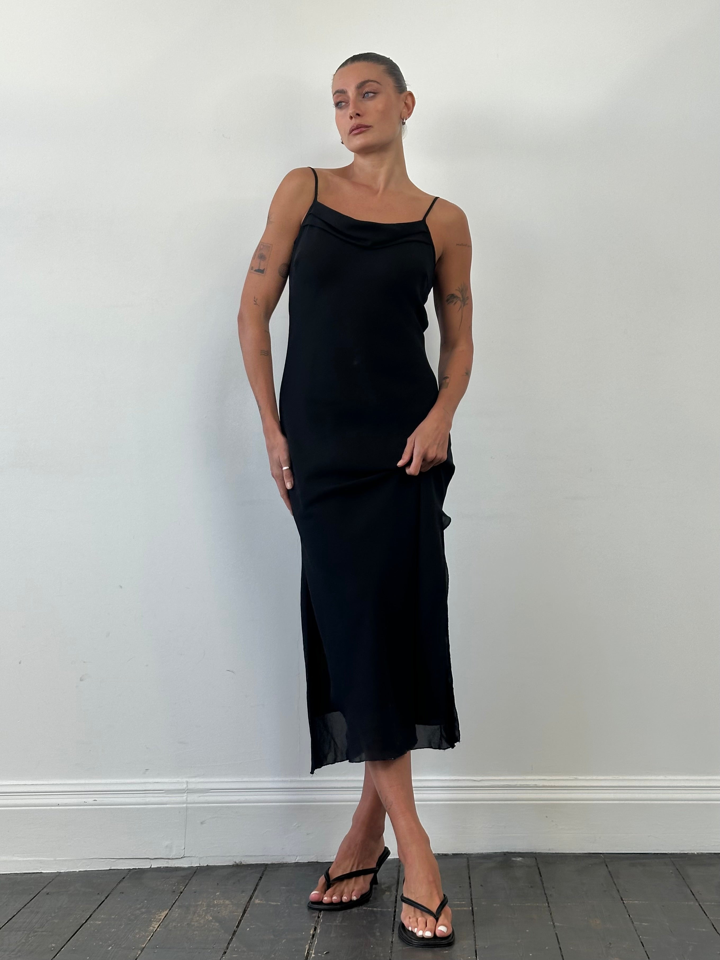 Italian Vintage cowl neck maxi dress in size M, flowing fabric with elegant drape and vintage-inspired design.