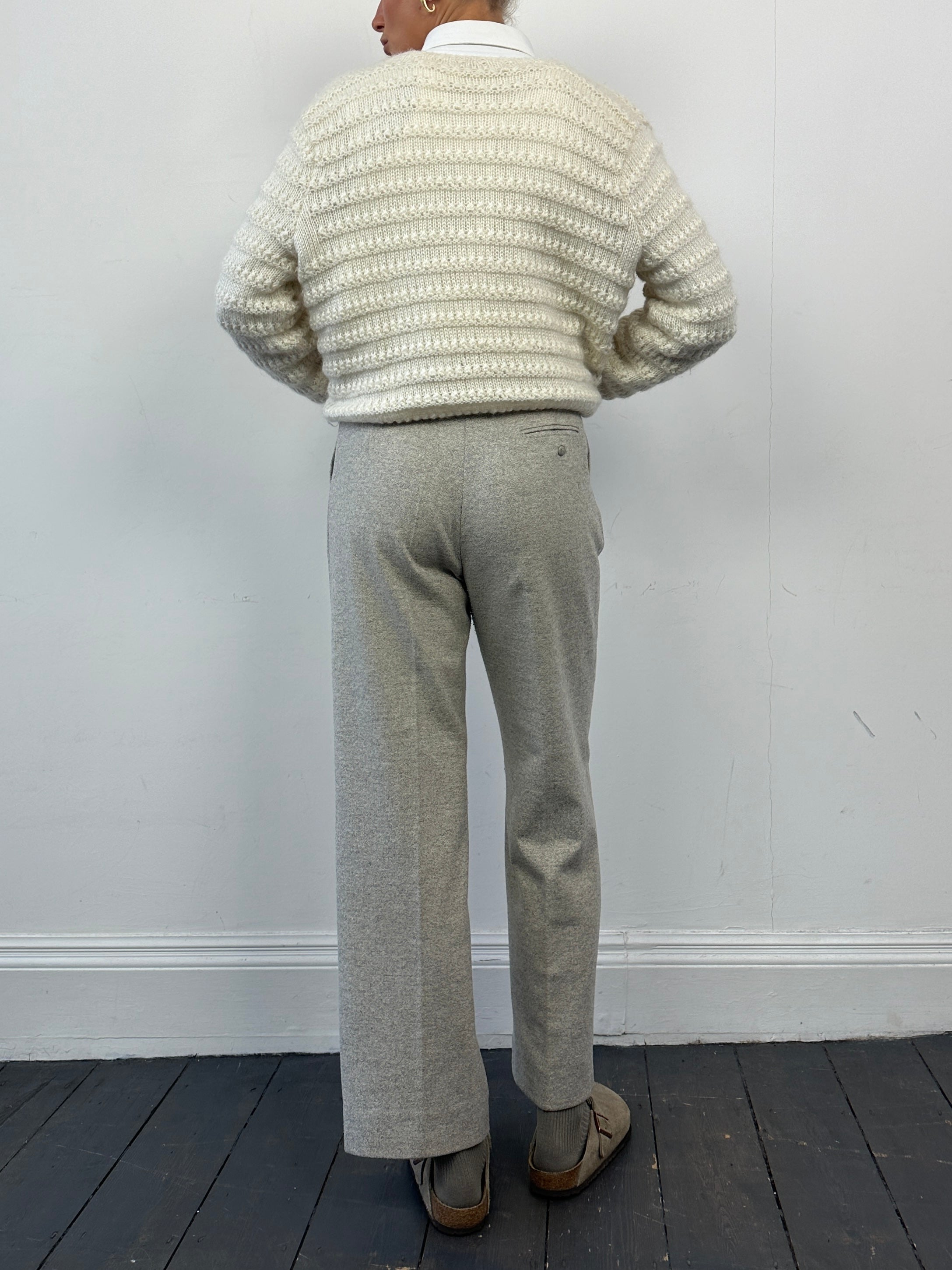 Jaeger wool silk mid waist straight leg trousers in size W28, shown in a neutral color, with a tailored fit and classic design.
