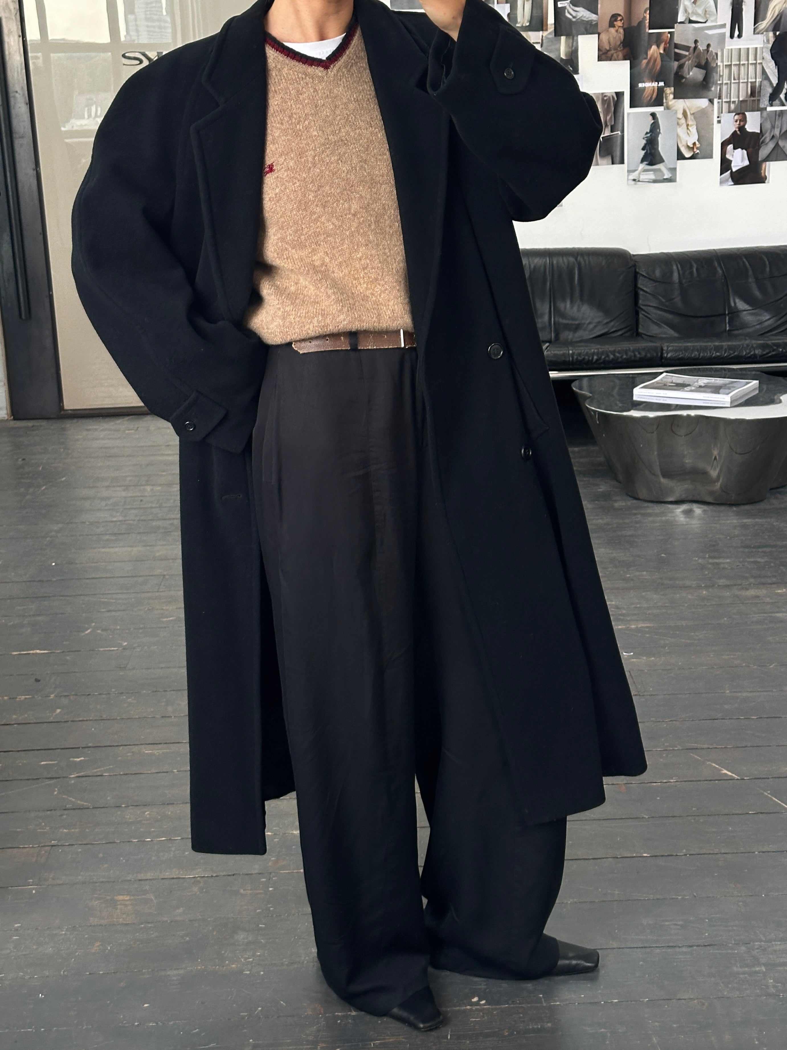 Vintage 1990s wool and cashmere double-breasted coat in XL, classic style with tailored collar and button details.