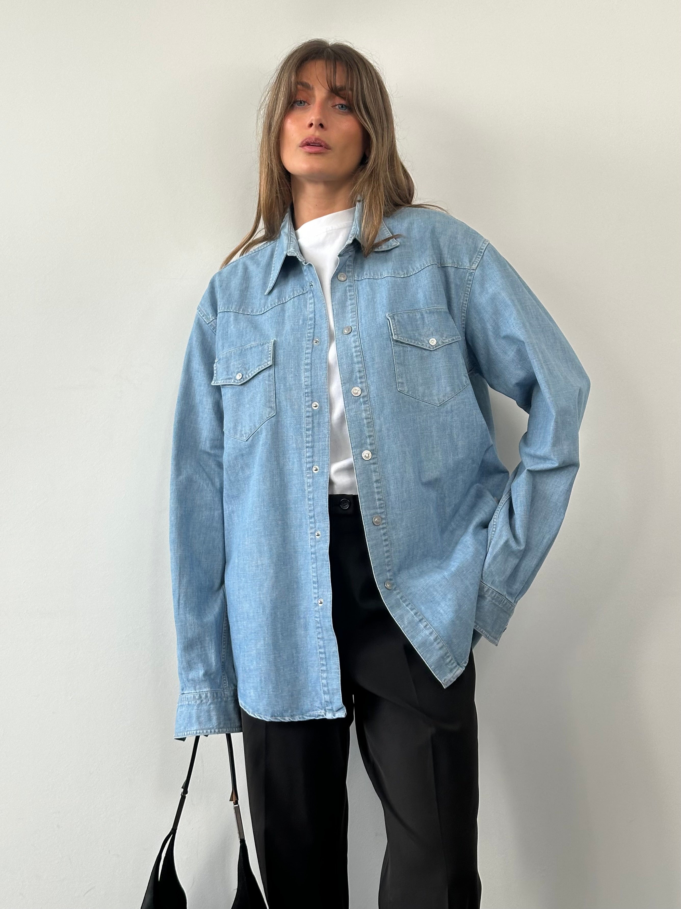 Versace Medusa button denim shirt in XL/XXL with classic Medusa logo detail and front button closure, stylish casual shirt.