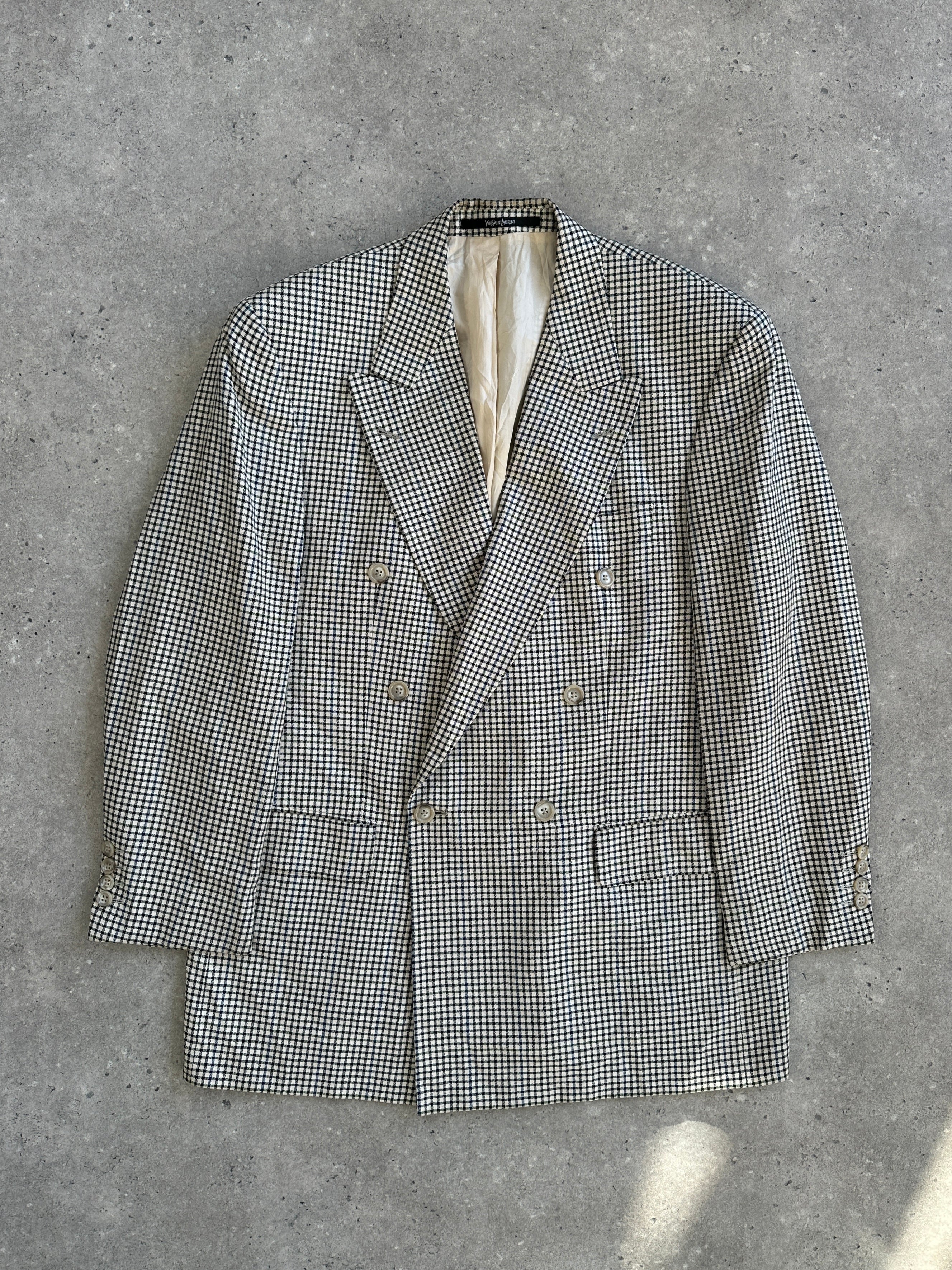 Yves Saint Laurent Pour Homme 1990s wool check double-breasted blazer in size 40R/XL, tailored with a classic pattern and structured fit.