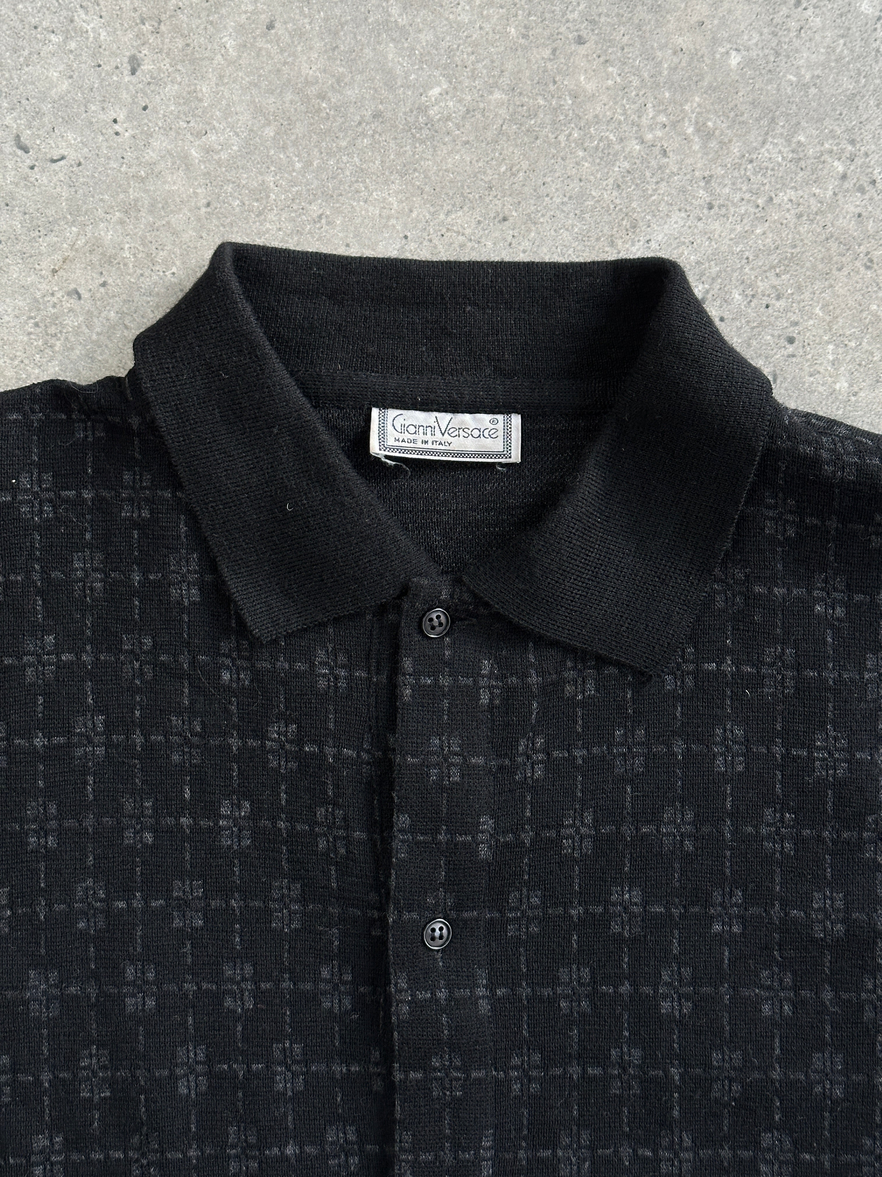 Versace 80s-90s pure wool print polo jumper in XL, featuring a colorful patterned design and classic polo collar.