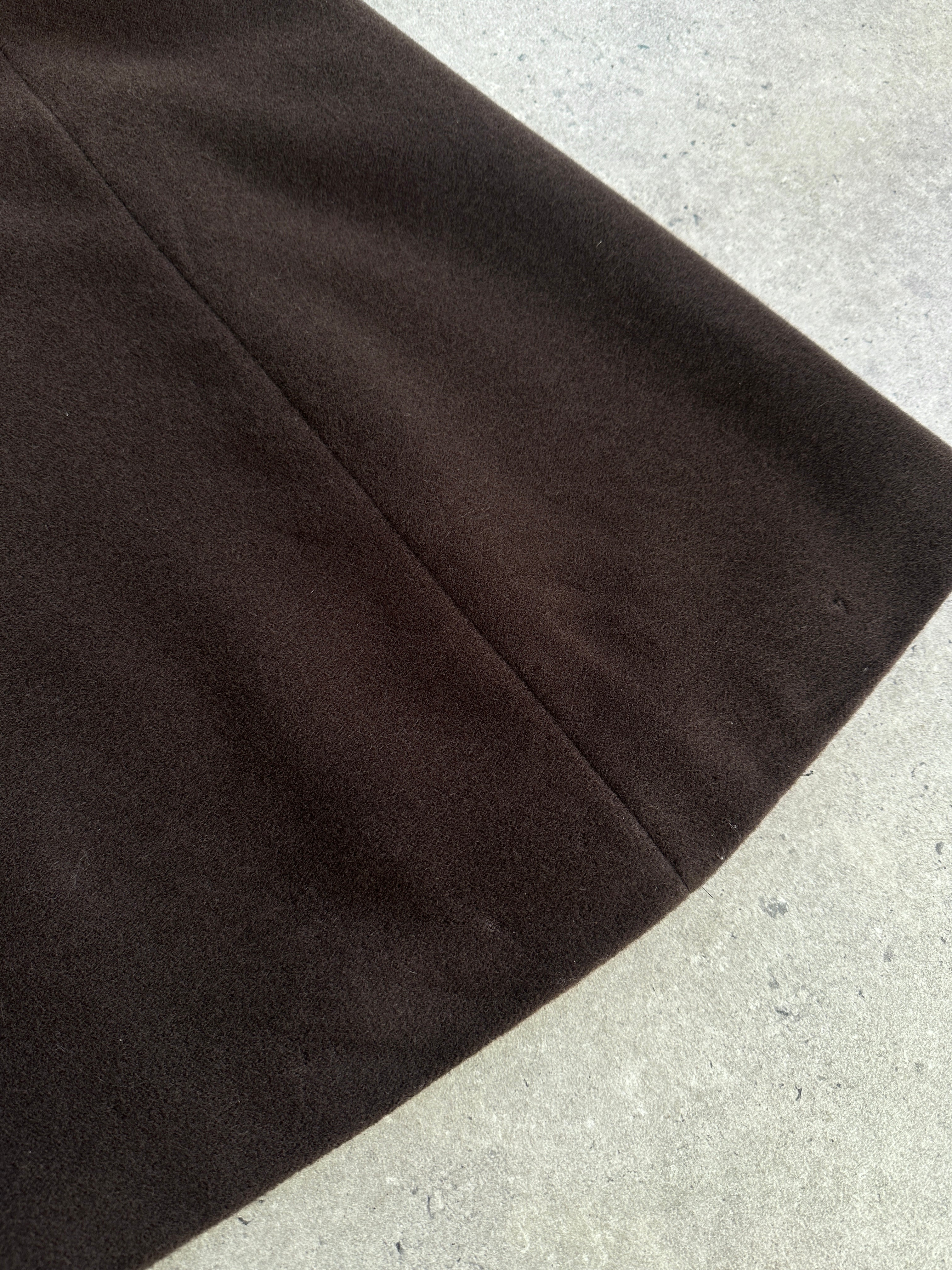 Max Mara pure wool A-line floor-length coat in size M, tailored with a classic, elegant design, displayed on a hanger.