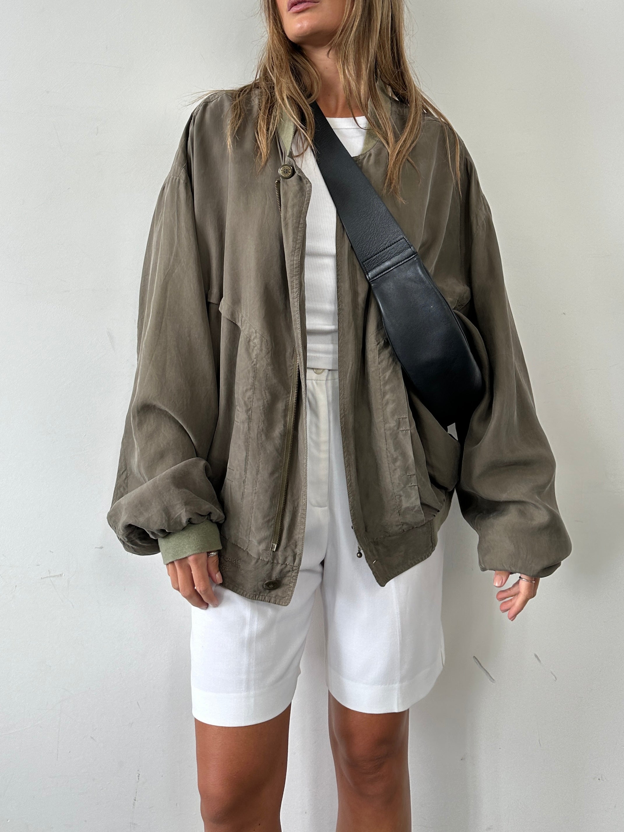Pierre Cardin pure silk slouchy bomber jacket in XXL, shown in a relaxed fit style with smooth silk fabric and classic design.