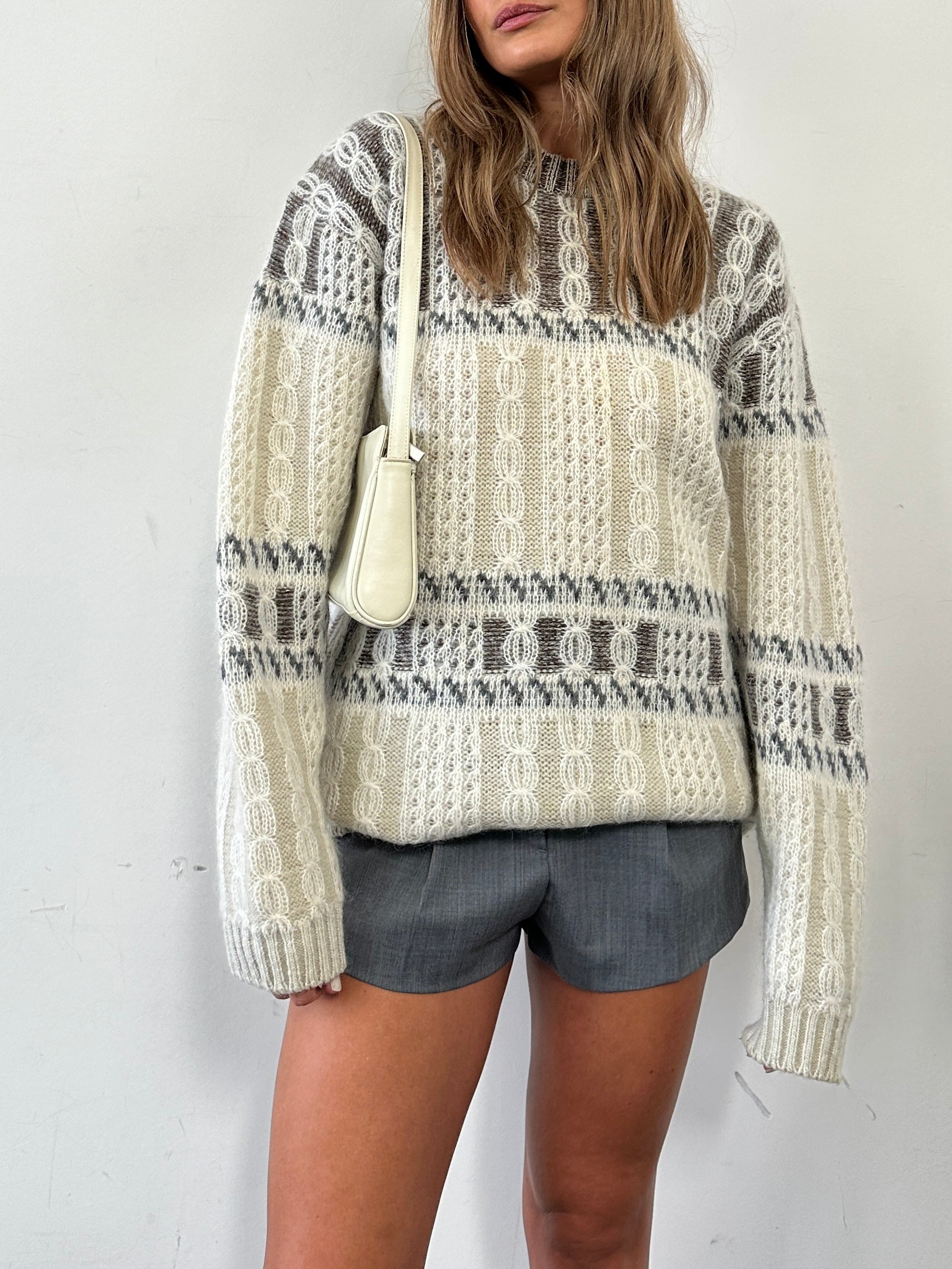 Vintage Italian wool mohair Fair Isle knitted jumper in XL, featuring colorful traditional patterns and cozy textured knit.