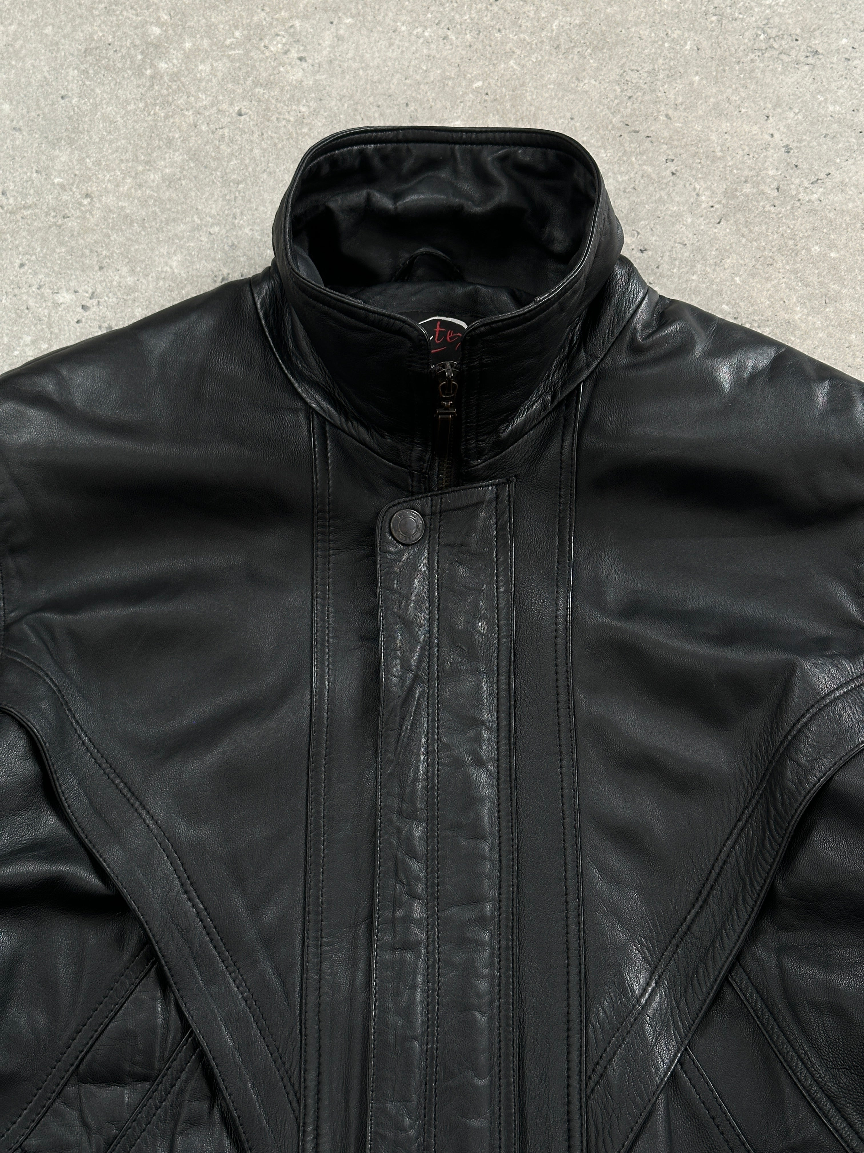 Vintage 1990s high neck leather bomber jacket in XL, featuring a classic design with a smooth leather finish and ribbed cuffs.