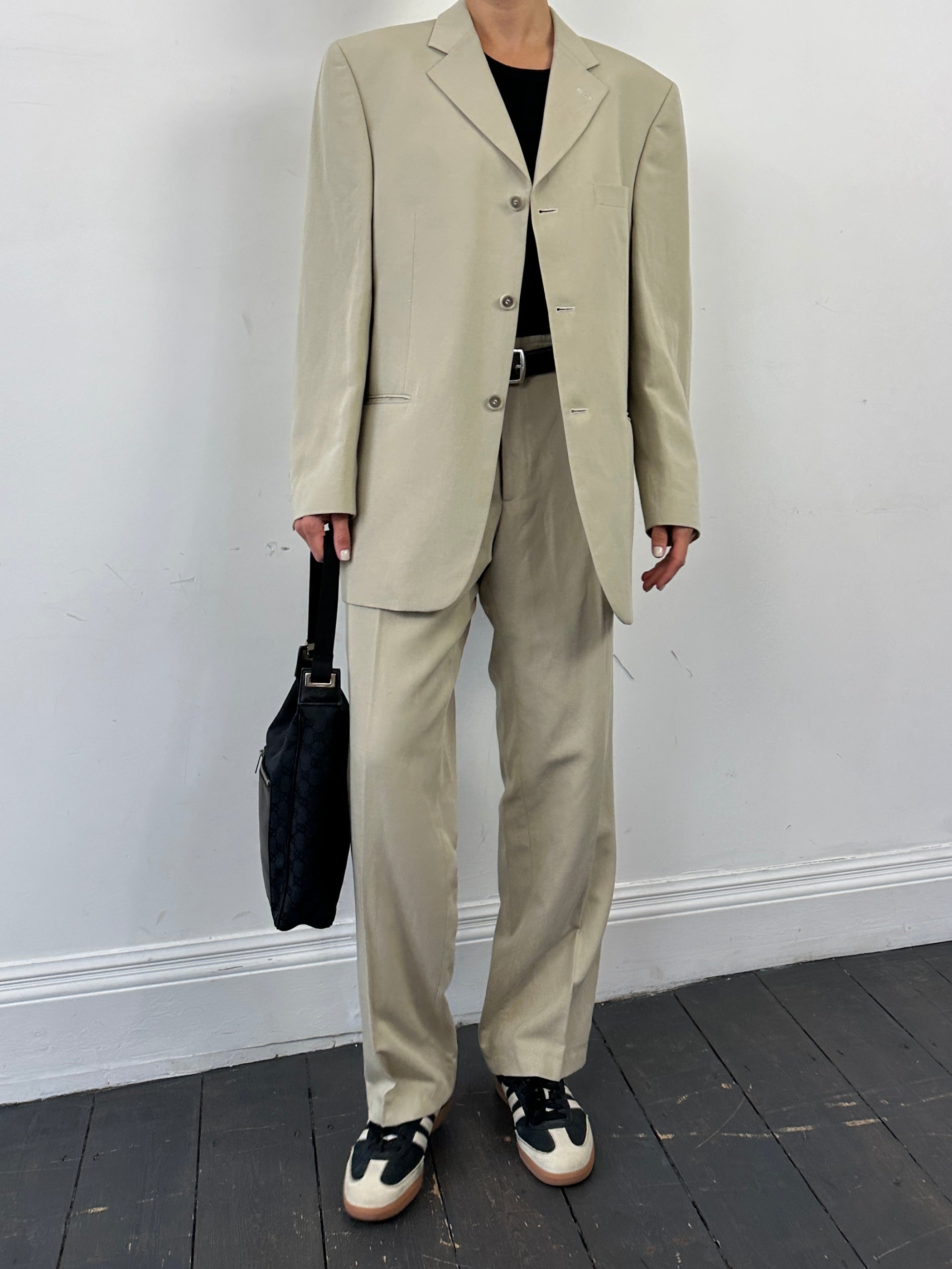 Vintage linen blend single-breasted jumpsuit in size 42R/W34, featuring a classic fit and tailored design.