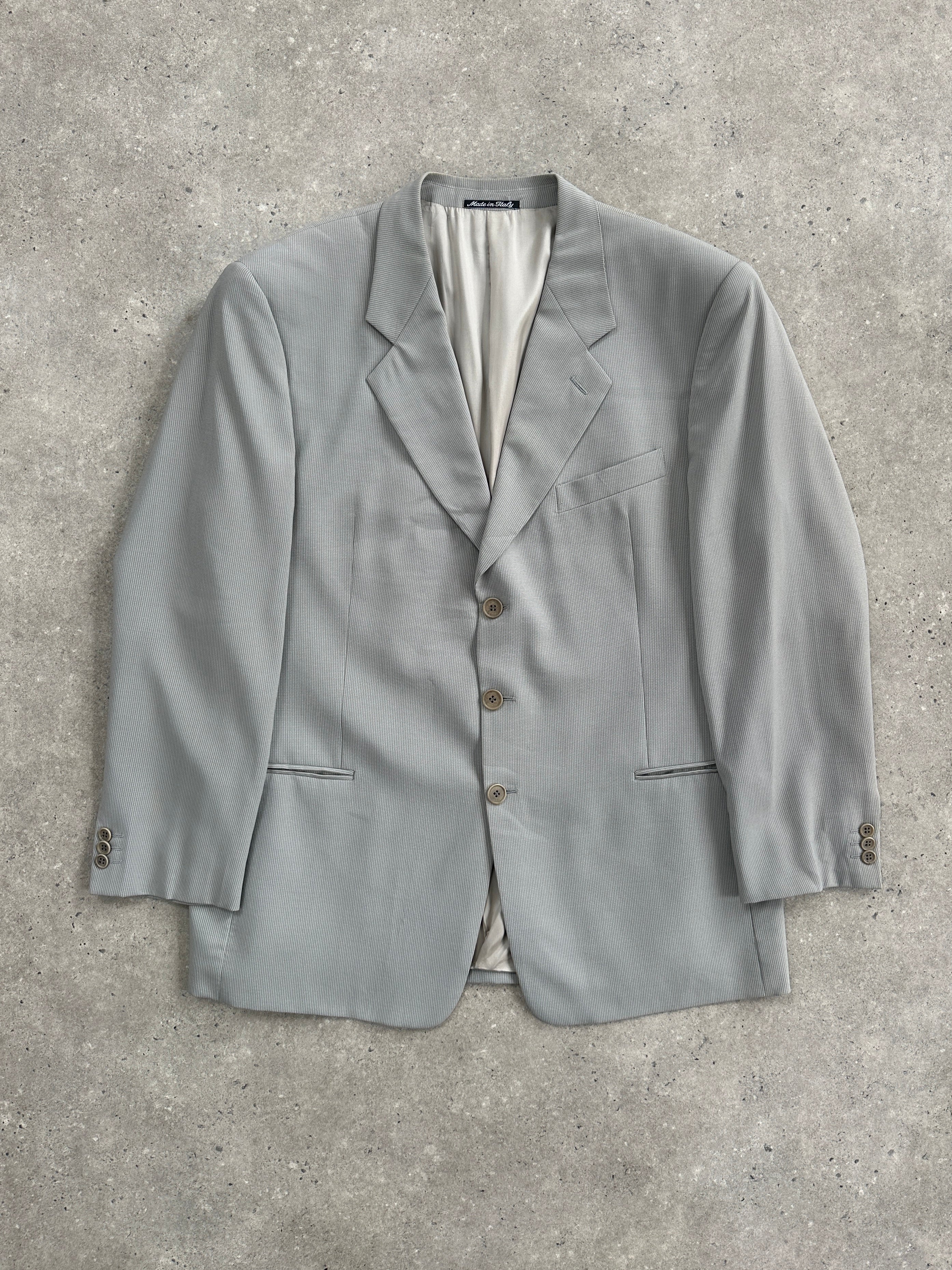Giorgio Armani Le Collezioni 1990s wool single-breasted blazer in size 44R/XL, dark tailored blazer with notch lapel and front buttons.