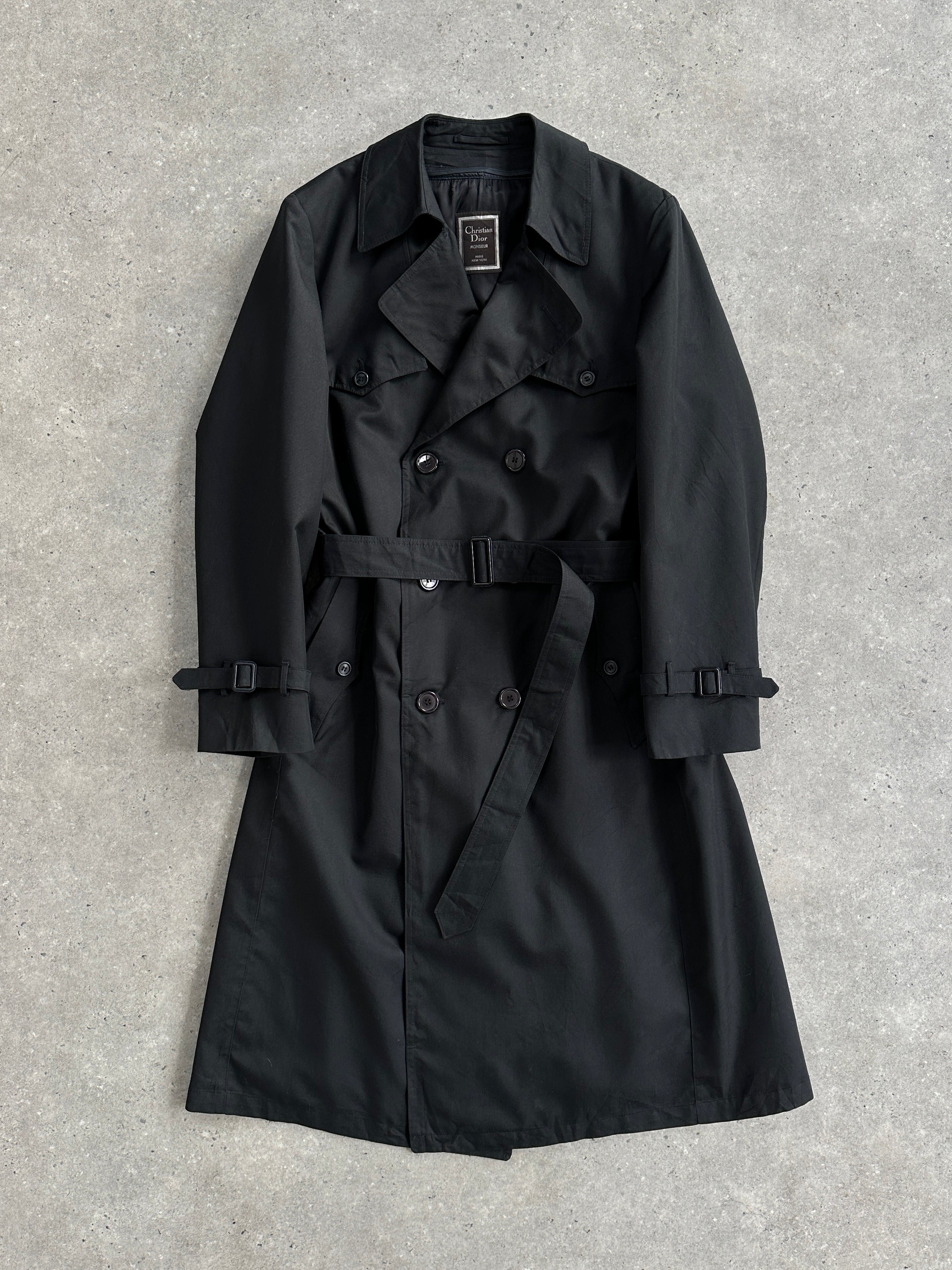 Christian Dior Monsieur double-breasted trench coat in XL, tailored fit, classic beige color, shown on a hanger.