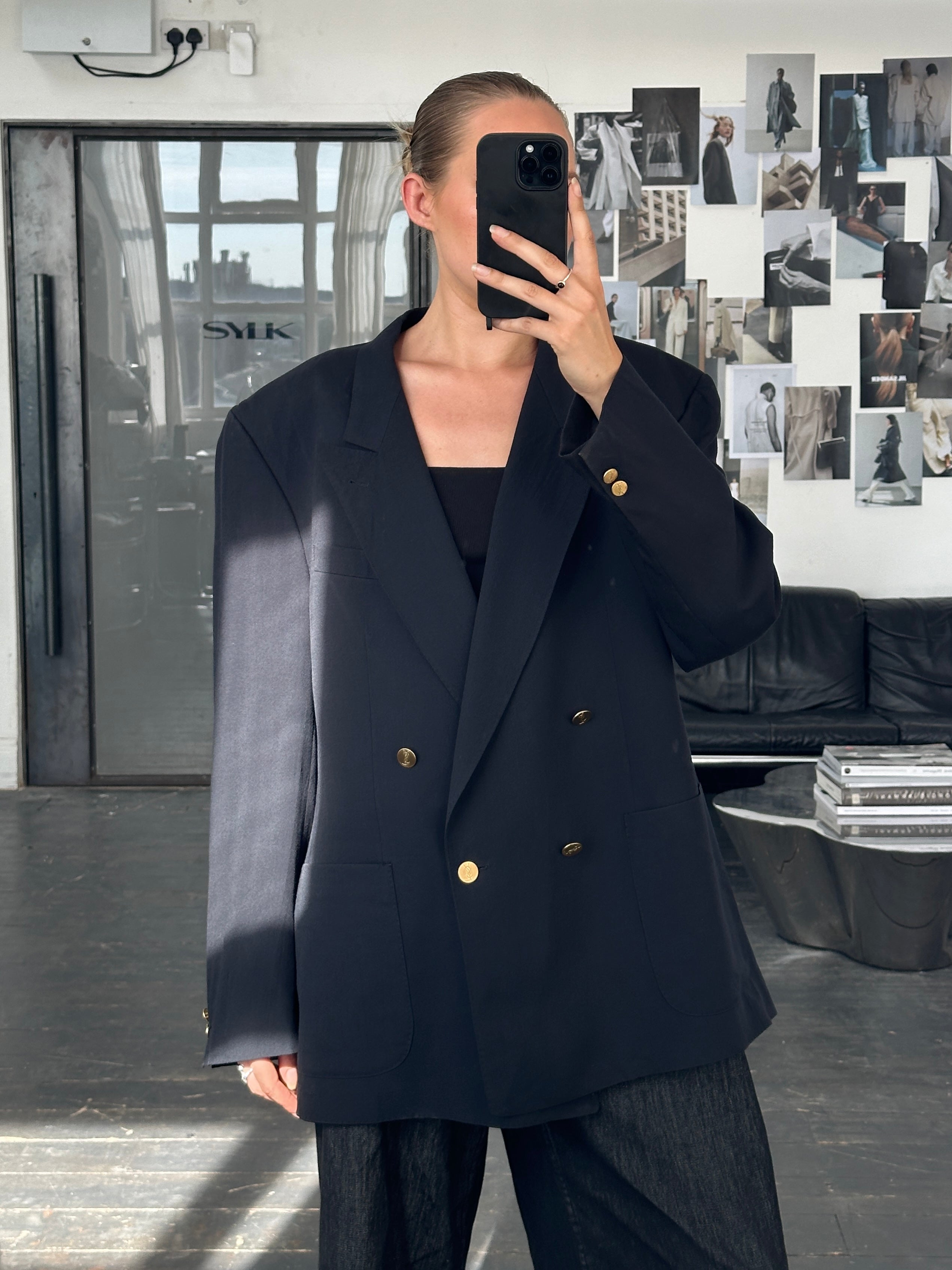 Yves Saint Laurent 1980s bespoke double-breasted blazer in size 46R/XXL, tailored fit with classic lapels and button details.