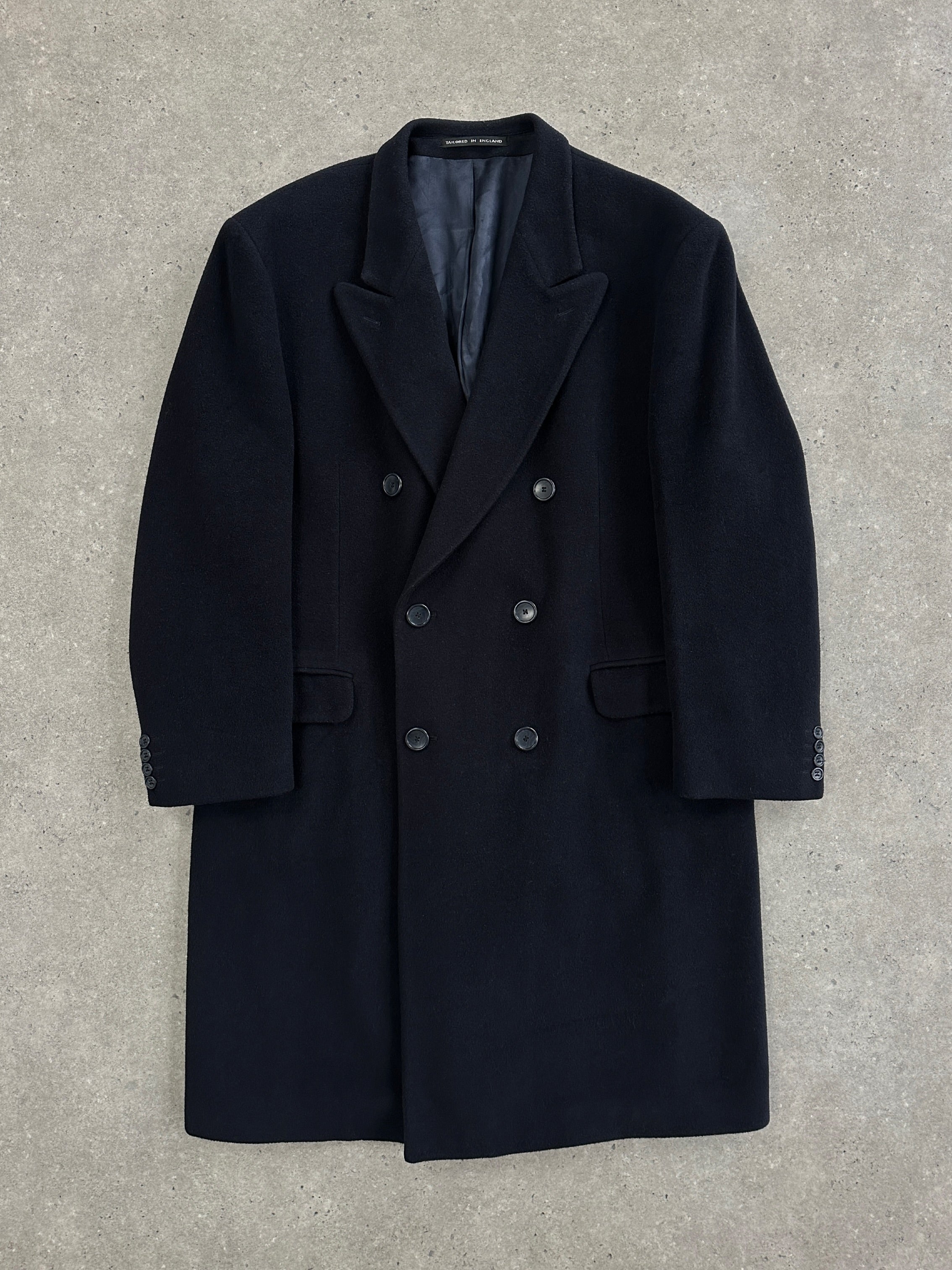 Vintage 1990s wool and cashmere double-breasted coat in XXL, featuring classic design and warm fabric for stylish winter wear.