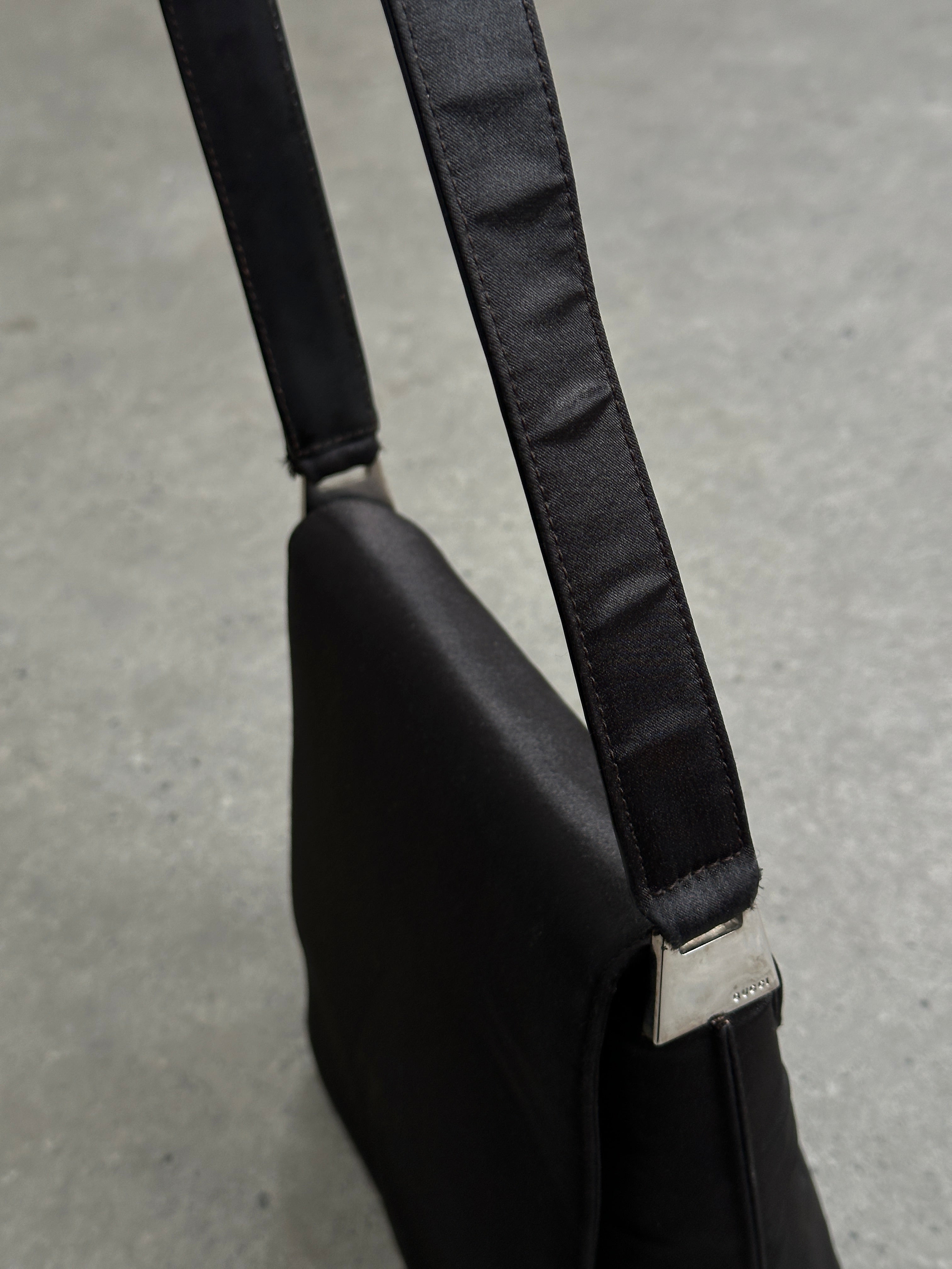 Gucci 2000s satin flap square shoulder bag with gold-tone hardware and adjustable strap, stylish vintage accessory.