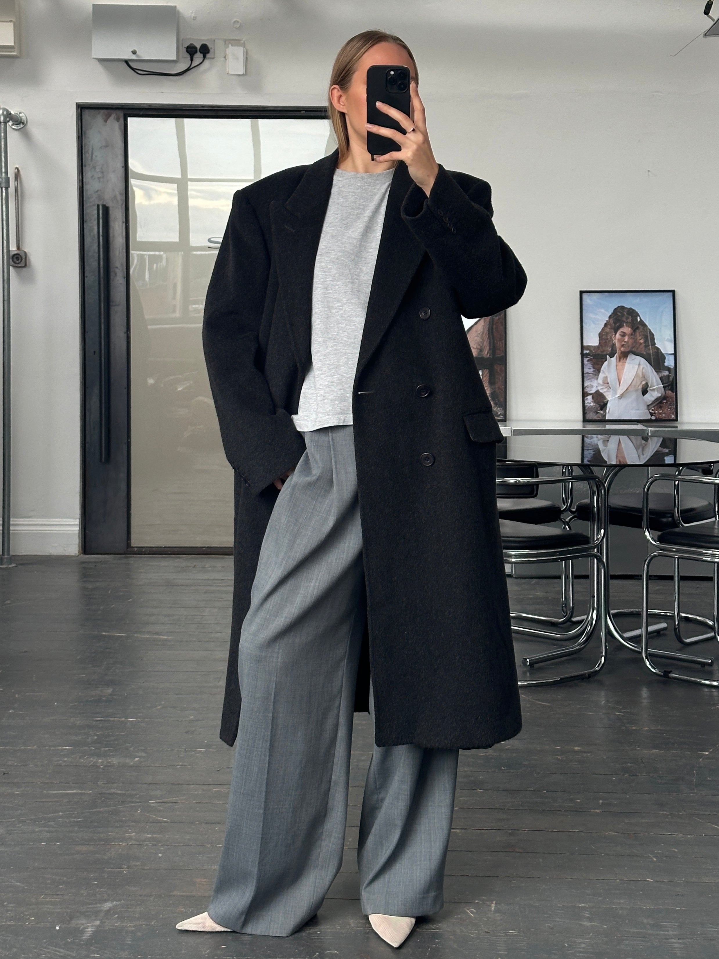 Vintage British 1990s wool and cashmere double-breasted coat in XL, featuring classic design and tailored fit.