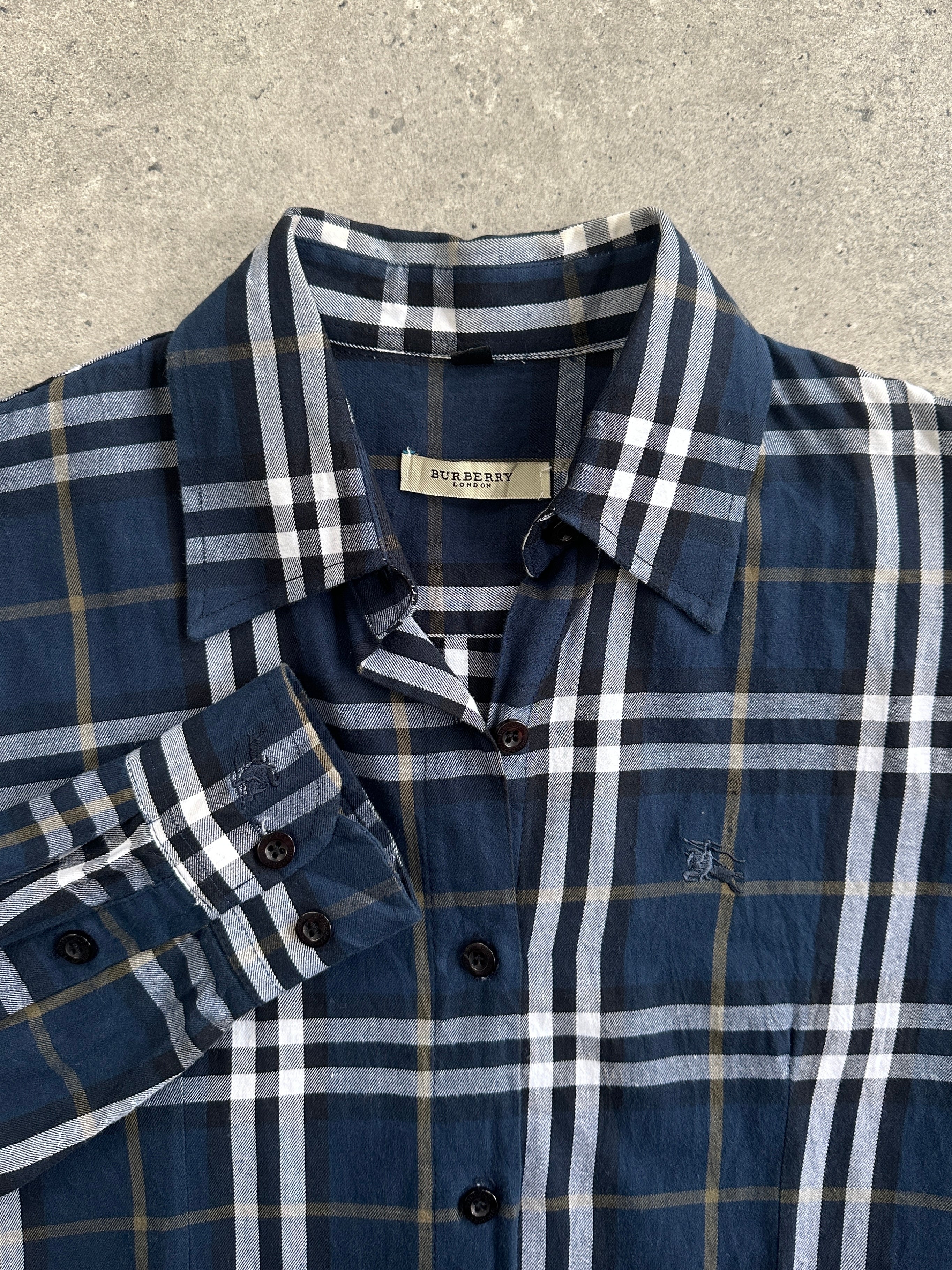Burberry London 2000s pure cotton modern check logo shirt in XS/S displayed with classic check pattern and logo branding.