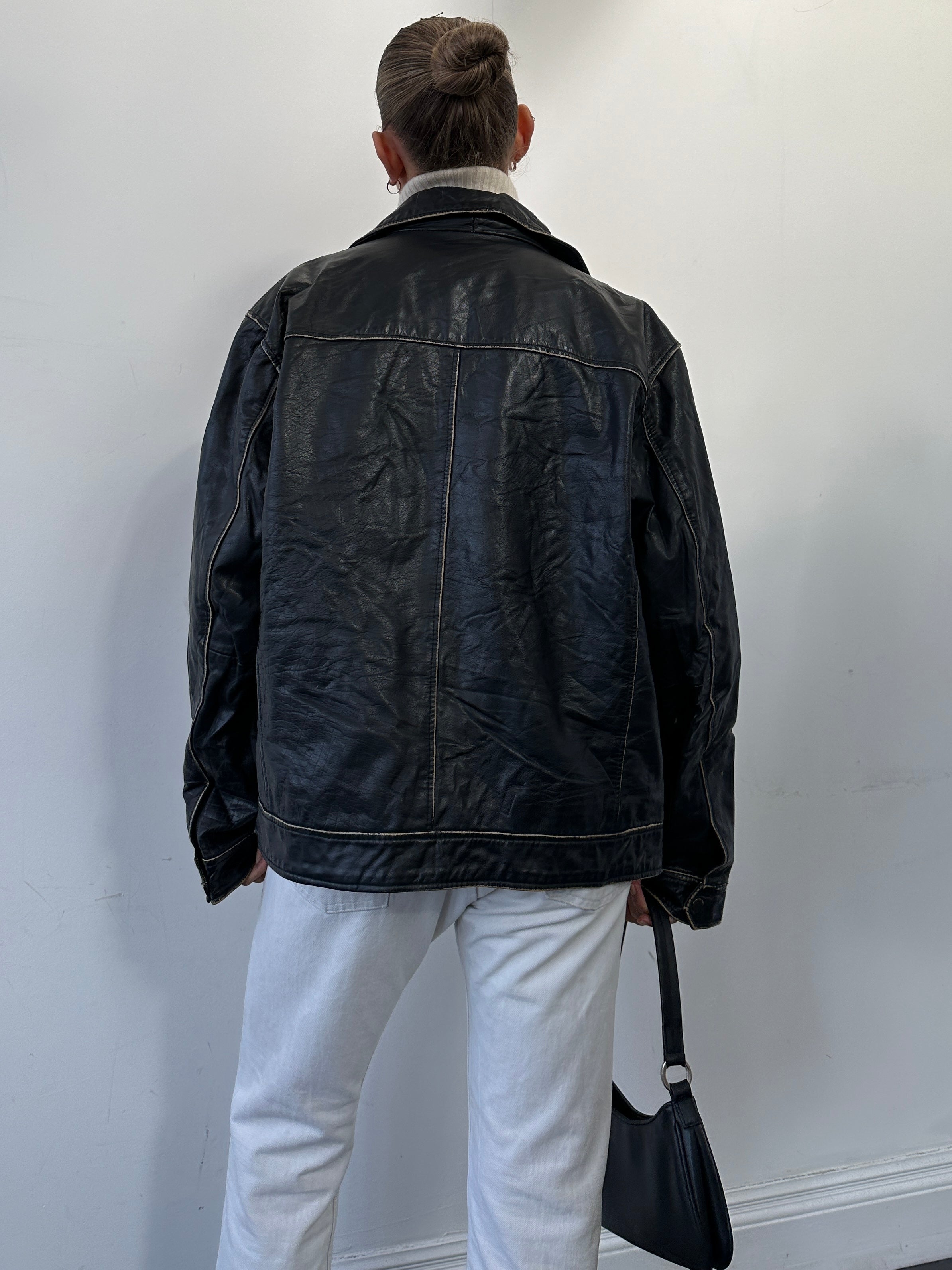 Vintage Contrast Stitch Leather Biker Jacket - L - SYLK