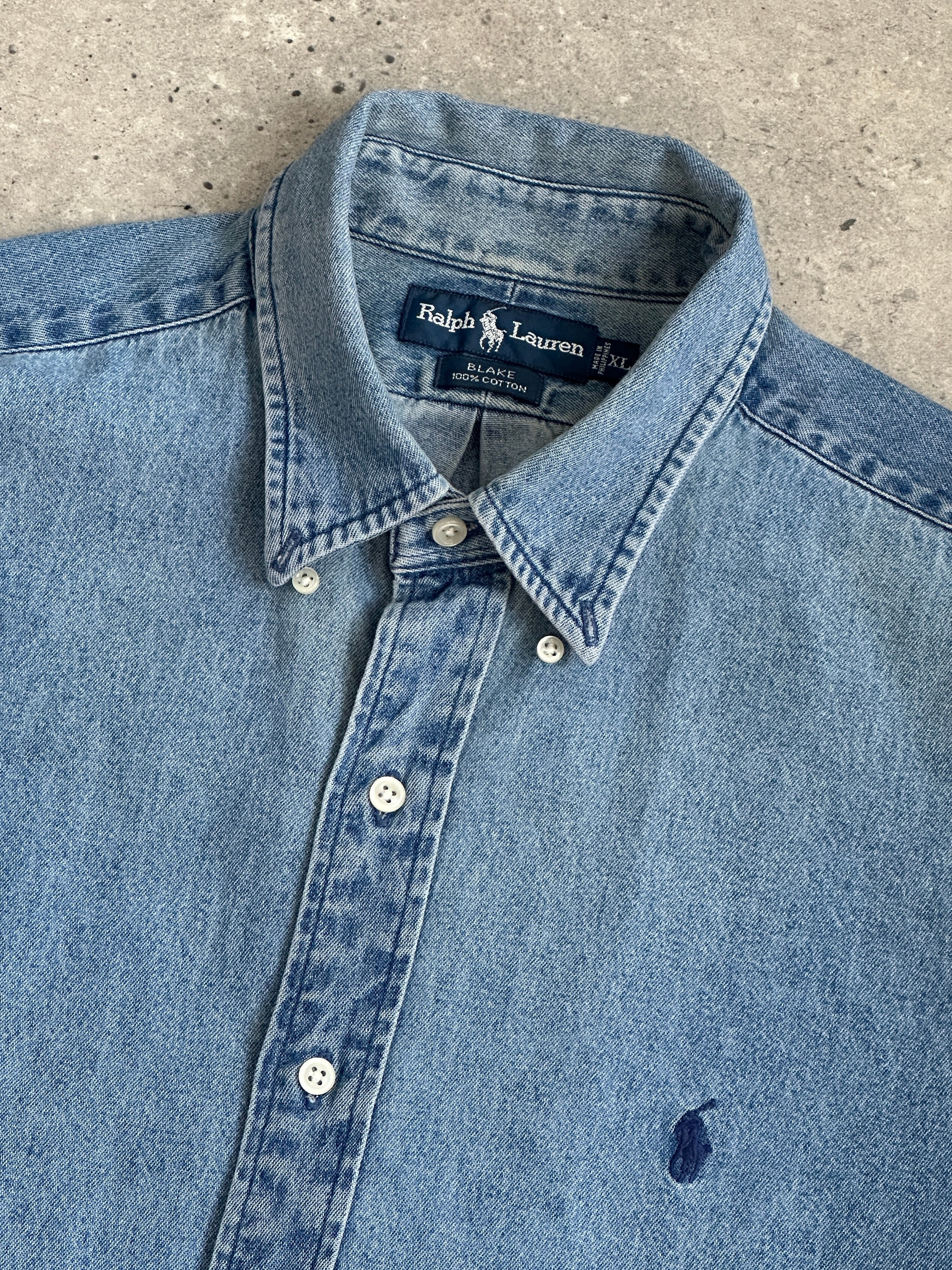 Ralph Lauren denim logo shirt in XXL featuring classic design and embroidered logo on the chest, casual and stylish.