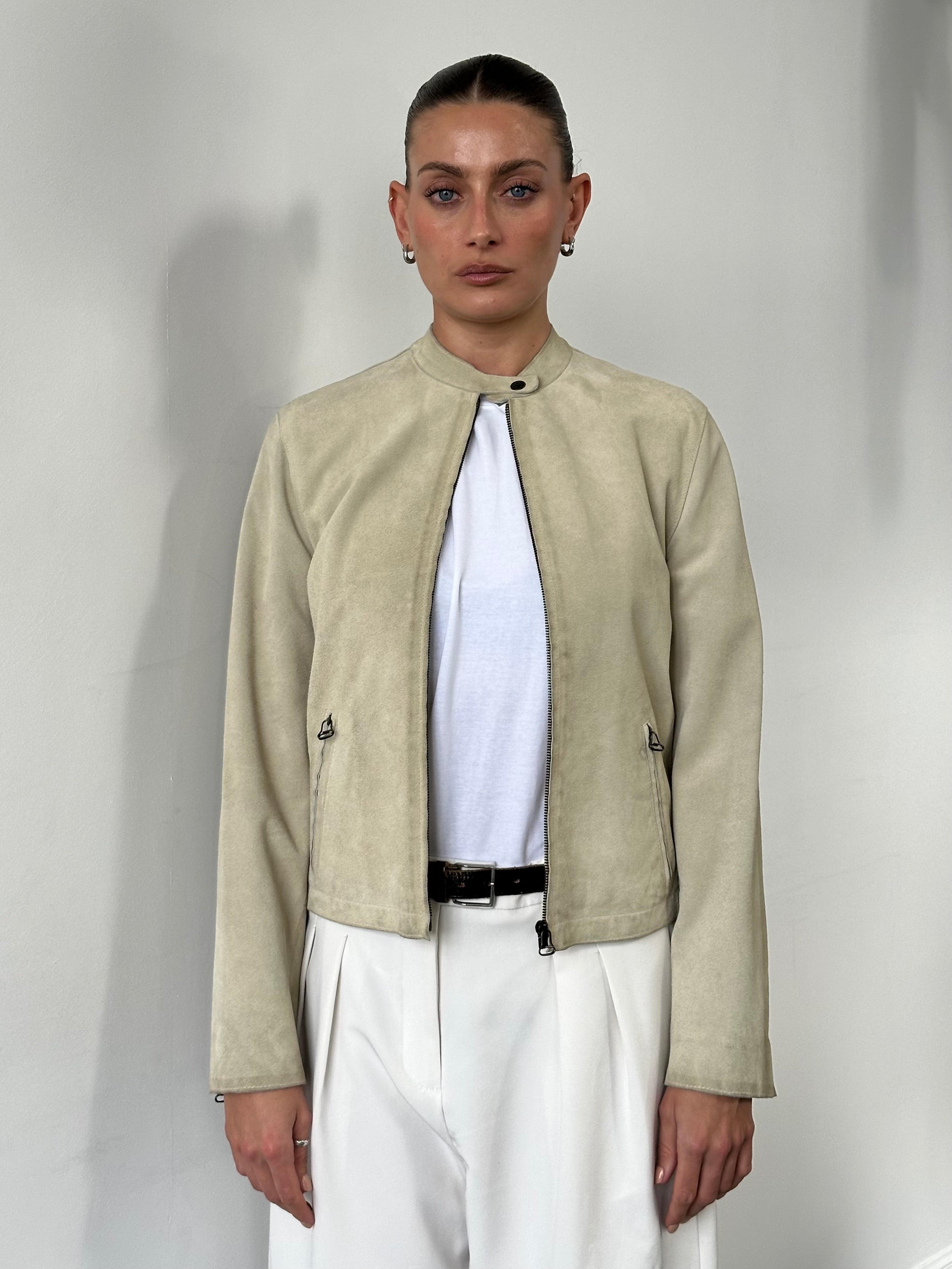 Armani jeans fitted suede jacket in XS/S size, showing a stylish brown leather jacket with a sleek design.