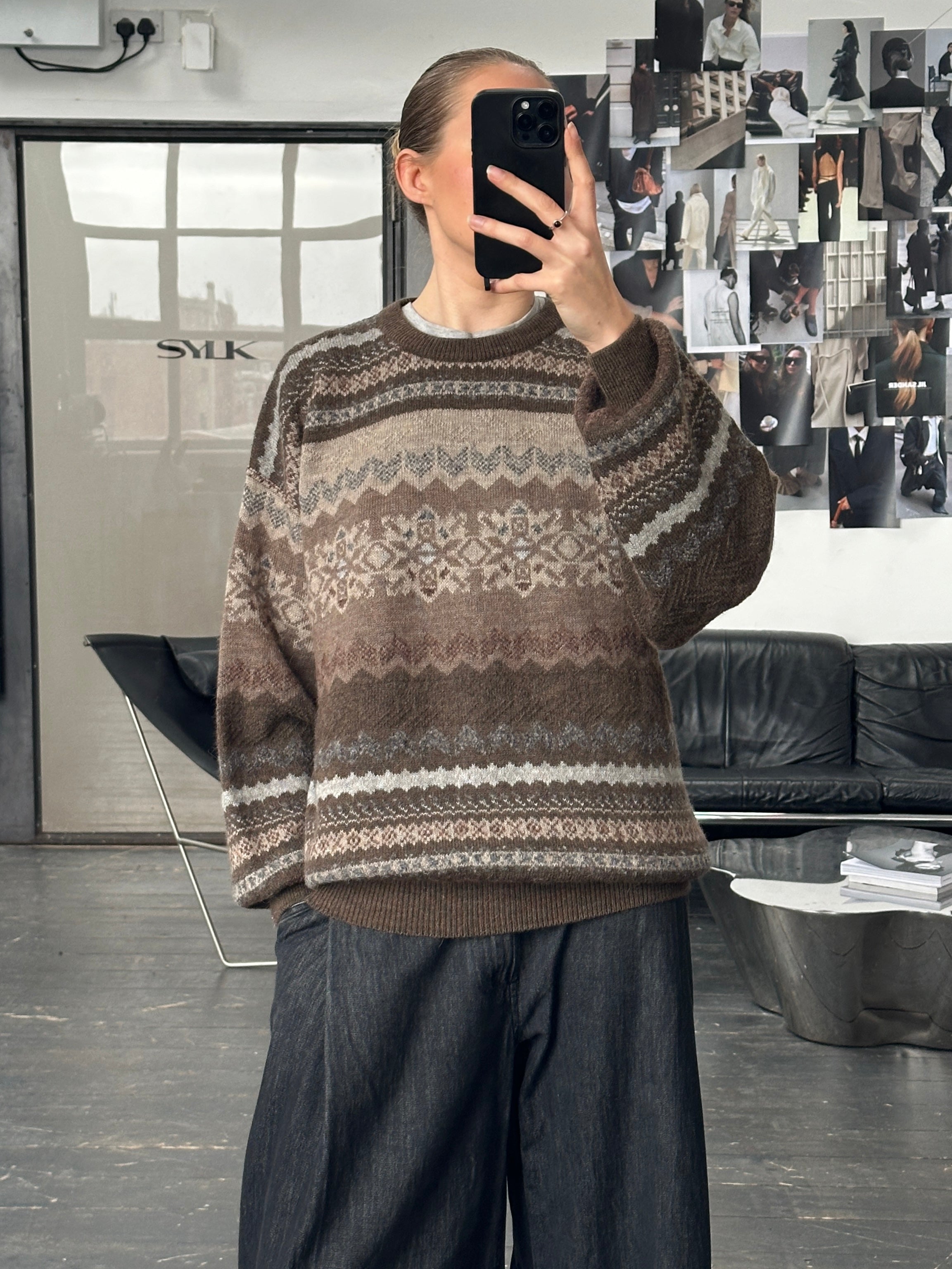 Vintage Italian 1990s wool alpaca patterned knit jumper in XL with colorful geometric design and cozy textured fabric.