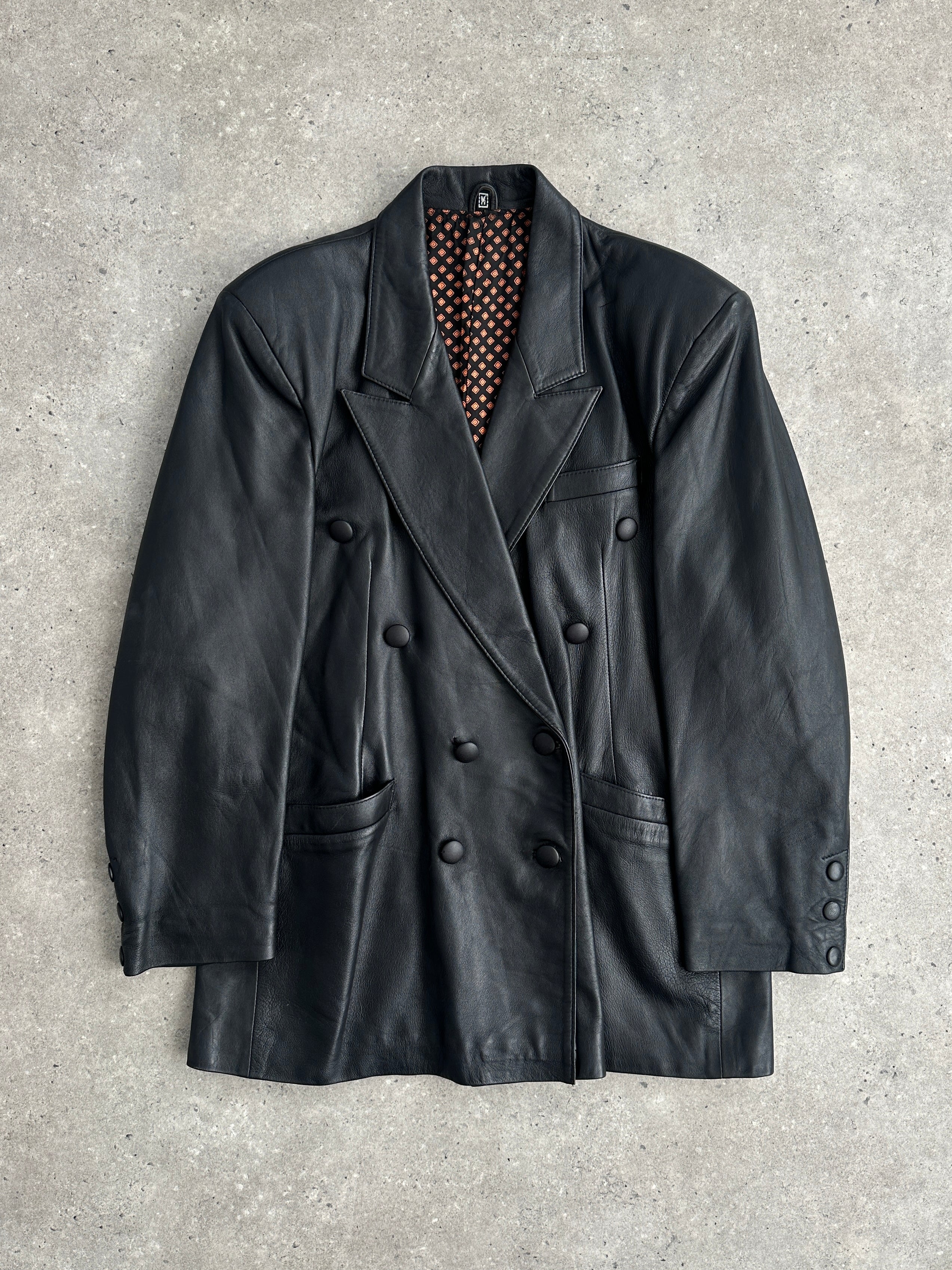 Vintage double-breasted leather blazer jacket, men's size L, classic style with tailored fit and timeless design.