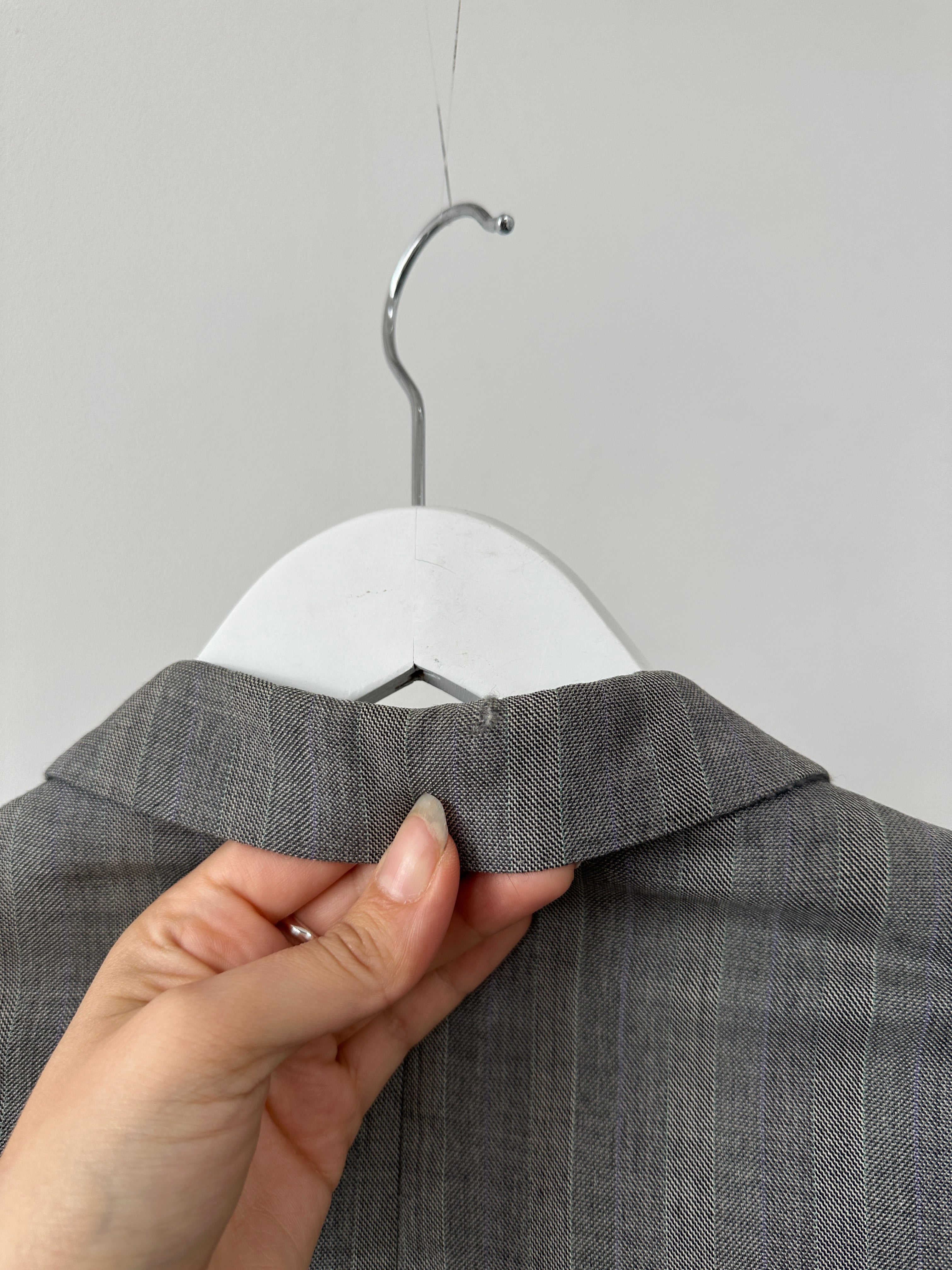 Yves Saint Laurent Pour Homme double-breasted wool blazer in XL with blue and gray stripes, tailored fit and classic style.