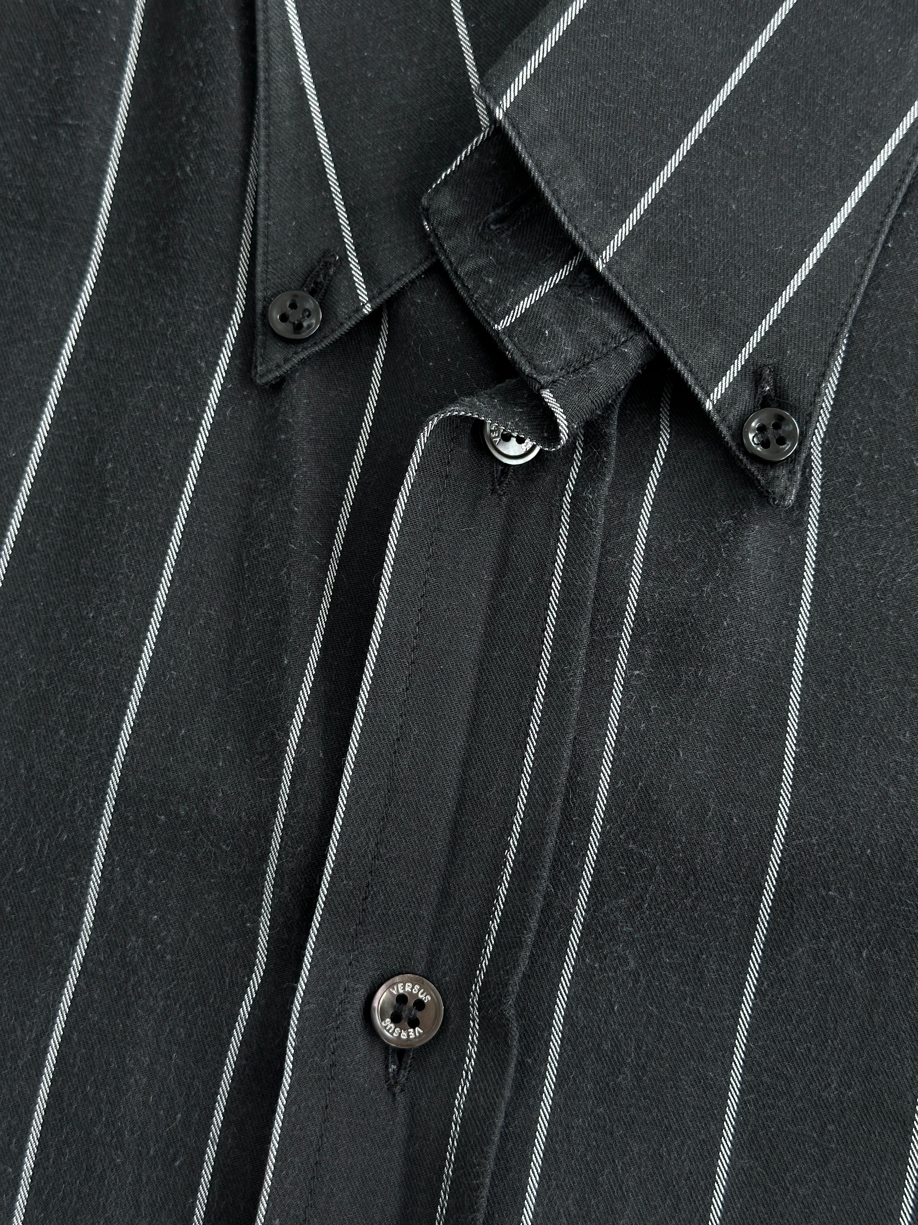 Versace Versus 2000s stripe cotton shirt in size M/L, featuring bold multicolor vertical stripes and classic button-down design.