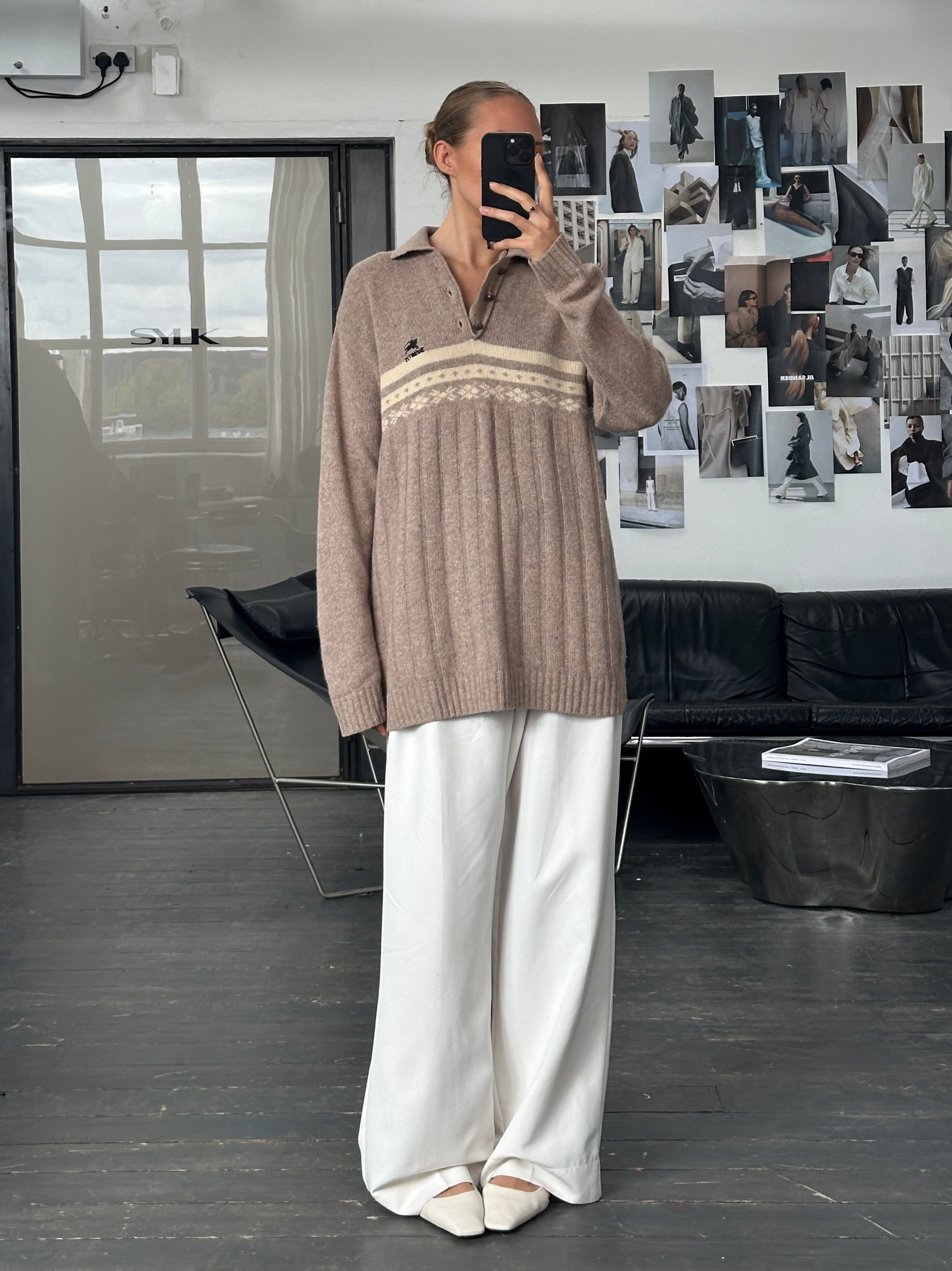 Burberry 1990s wool Fair Isle logo polo jumper in XL, featuring colorful patterned knit and classic brand design.