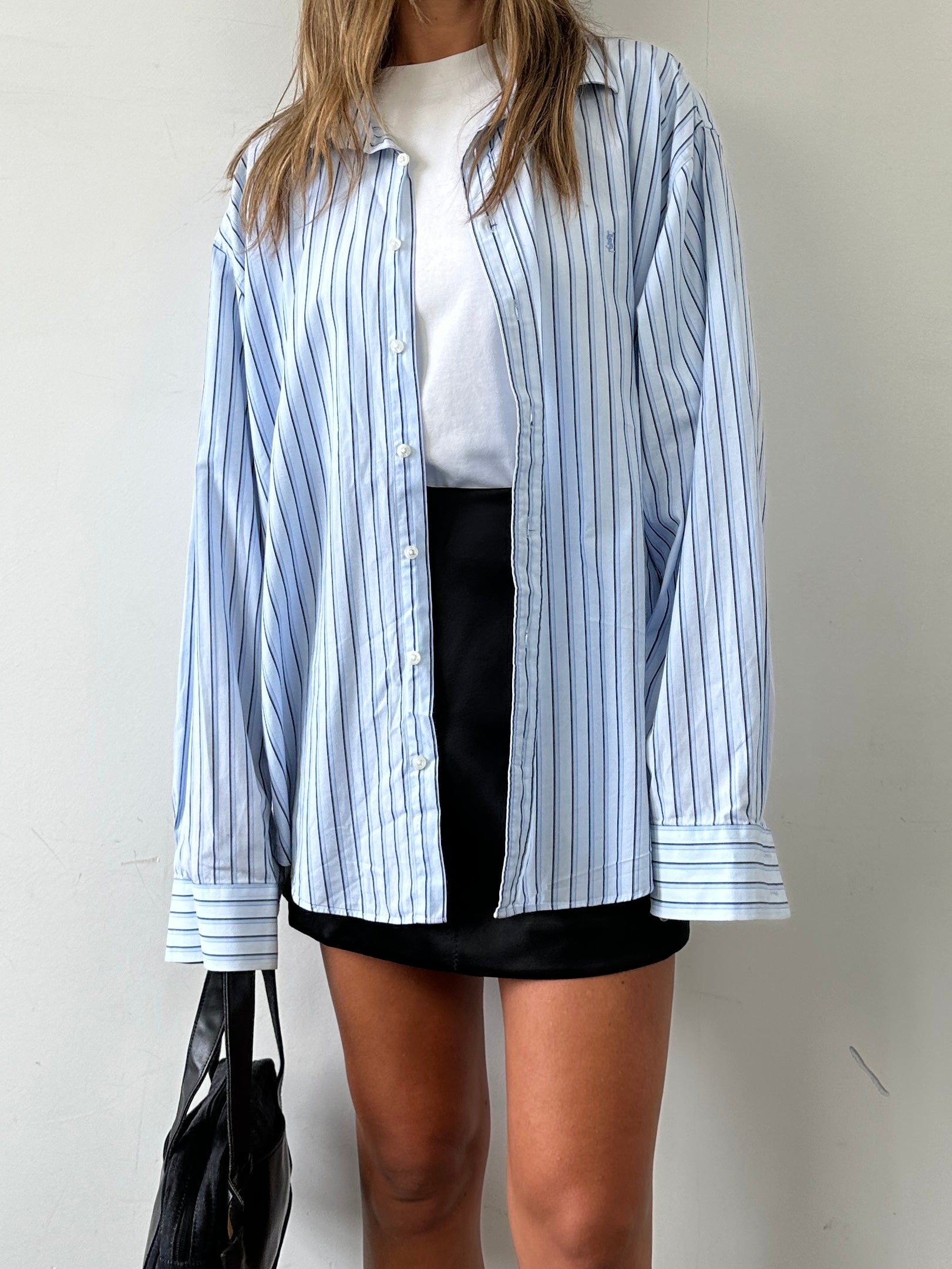 Yves Saint Laurent Pour Homme XXL cotton logo shirt with blue and white stripes, classic fit, and button-down collar.