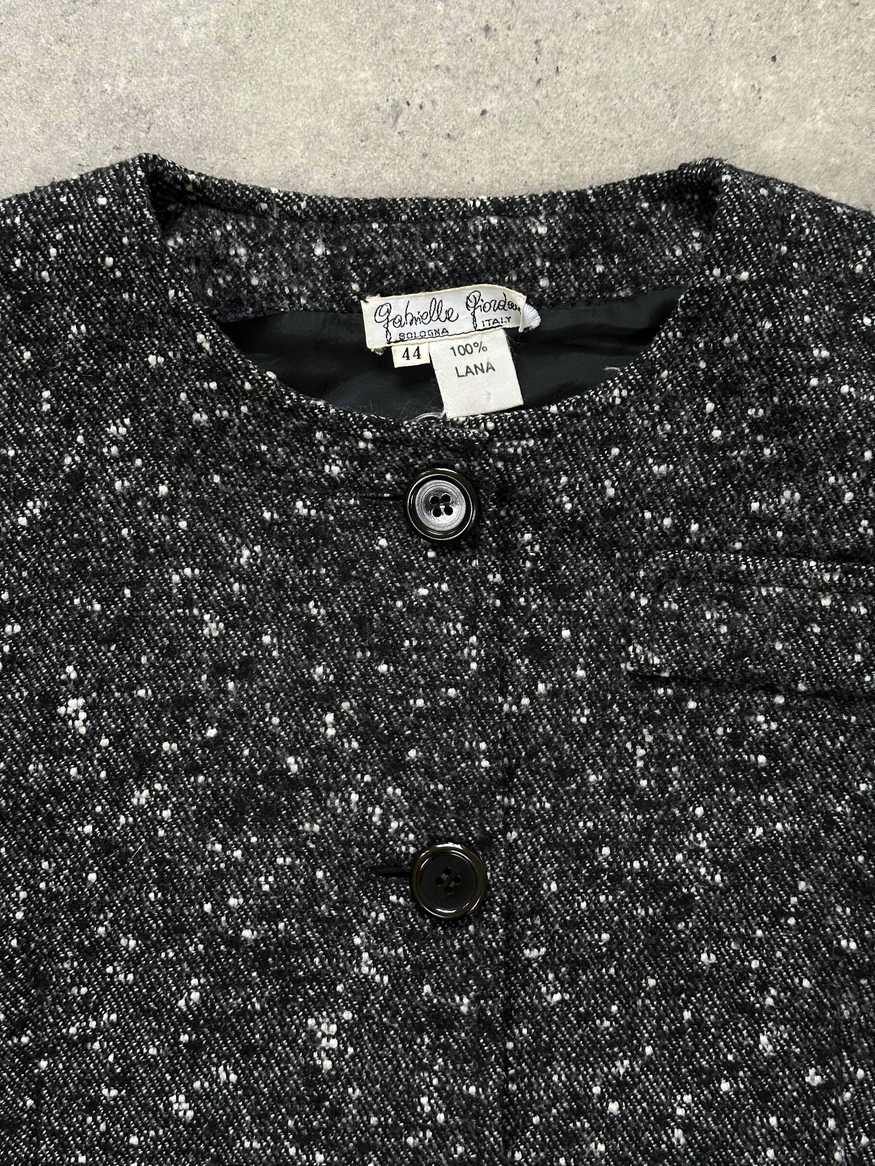 Italian vintage 1990s pure wool tailored jacket, S/M, featuring classic design and craftsmanship, displayed on a hanger.