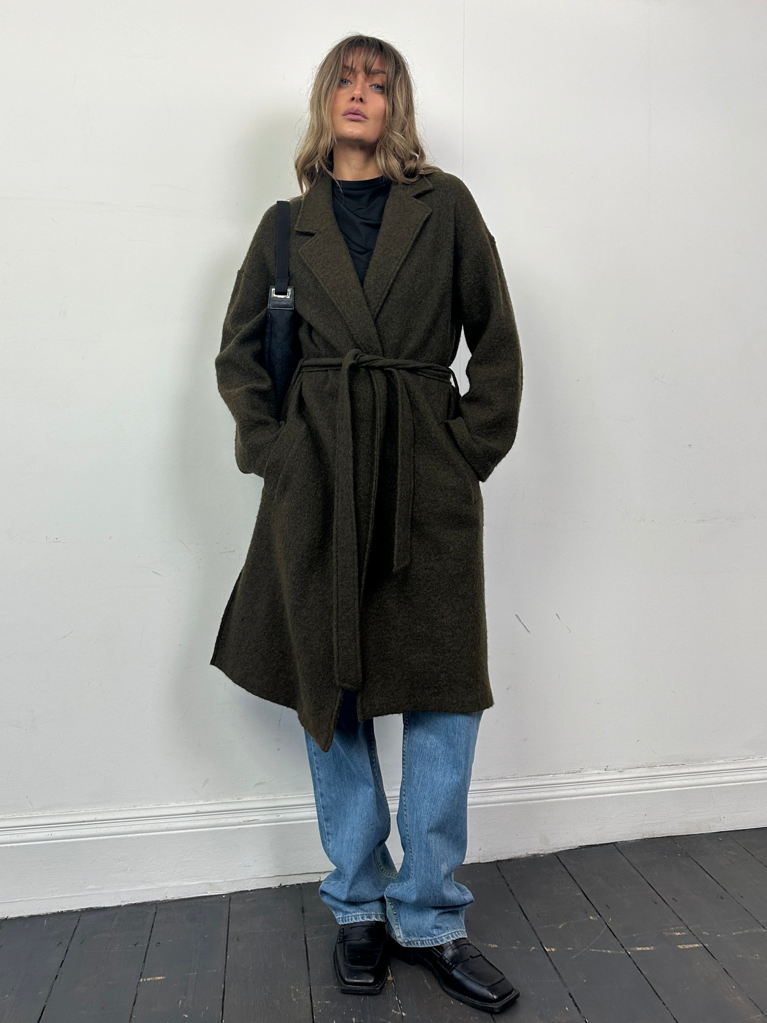 Nicole Farhi pure wool belted wrap coat in size large, unlined design with a classic collar and tied waist.