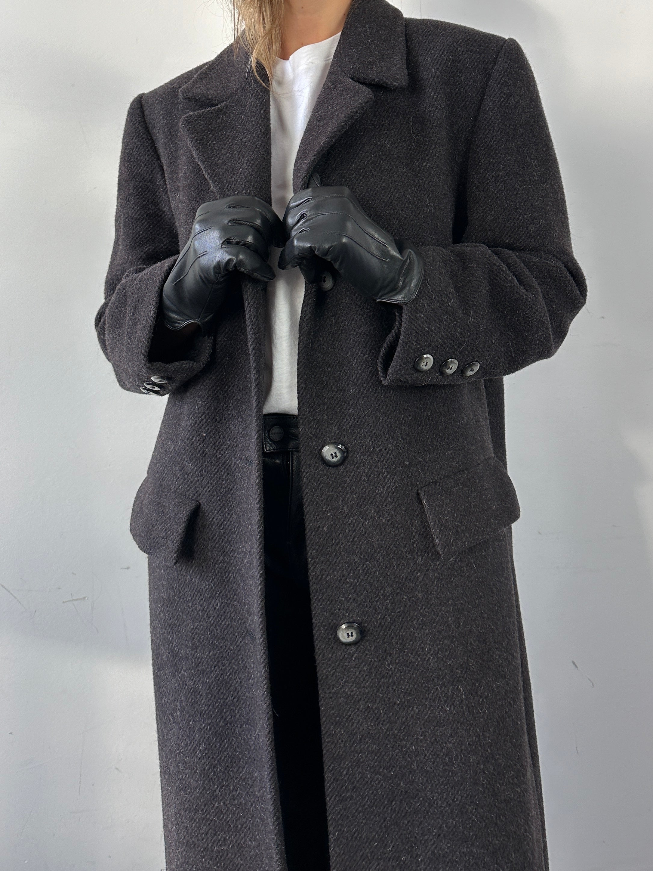 St Michael wool alpaca mohair floor-length coat in size M/L, showcasing its luxurious fabric and elegant design.