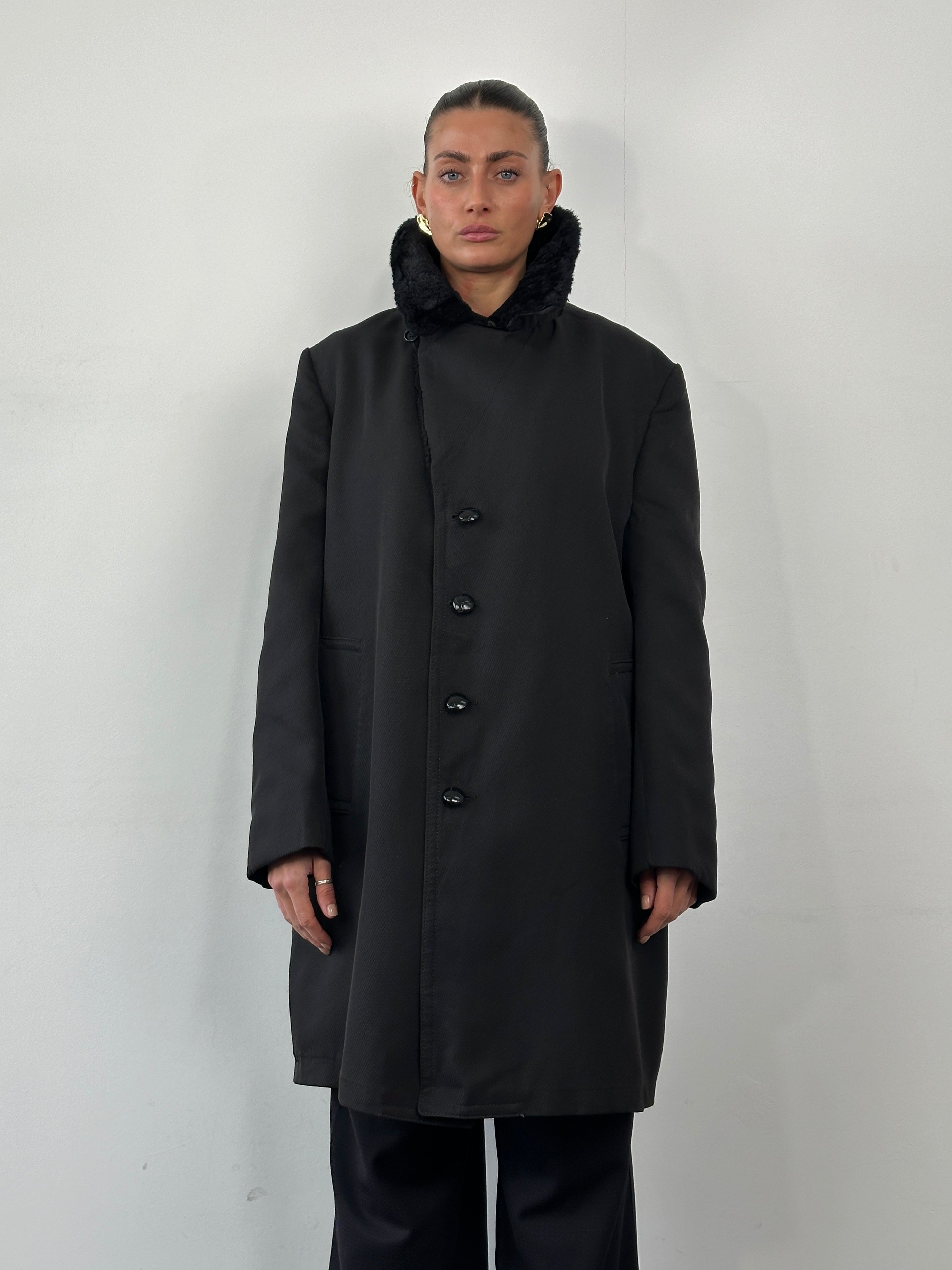 London Fog faux fur lined trench coat in XL, featuring classic beige fabric and a stylish collar, displayed on a hanger.