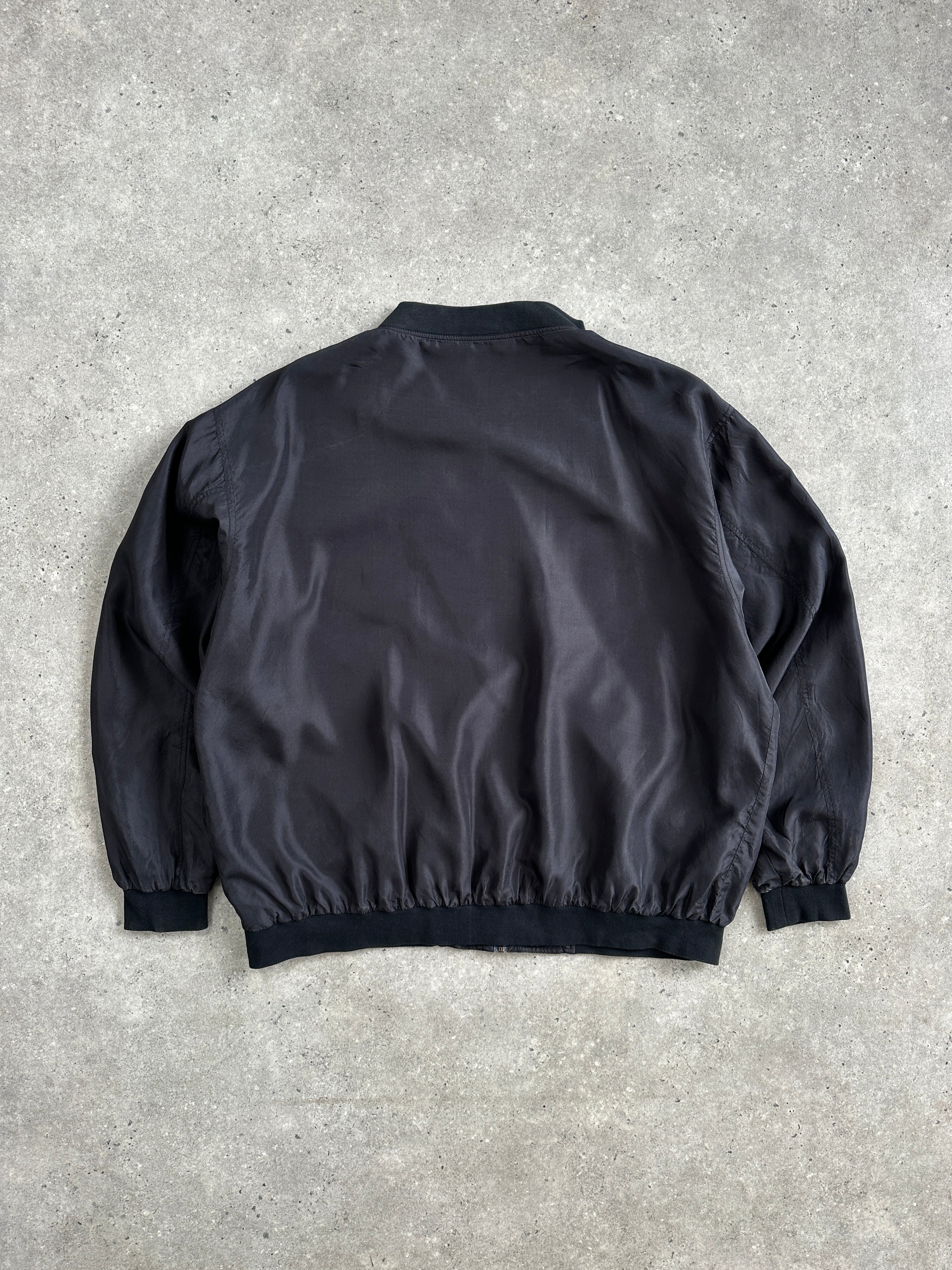 Vintage 1990s pure silk bomber jacket in XXXL size, featuring a classic design and smooth silk fabric.