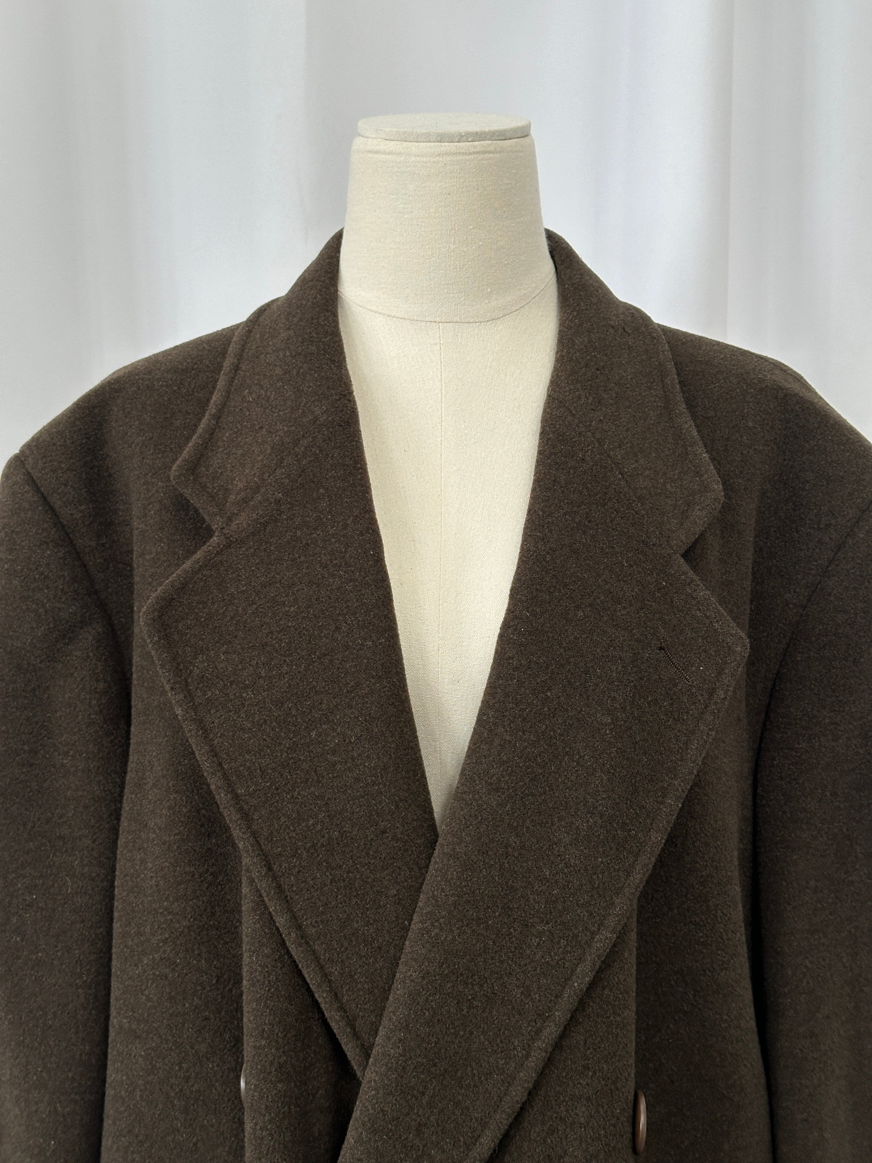 Giorgio Armani Le Collezioni 1990s pure wool double-breasted coat in XL/XXL, classic style, dark color, displayed on a hanger.