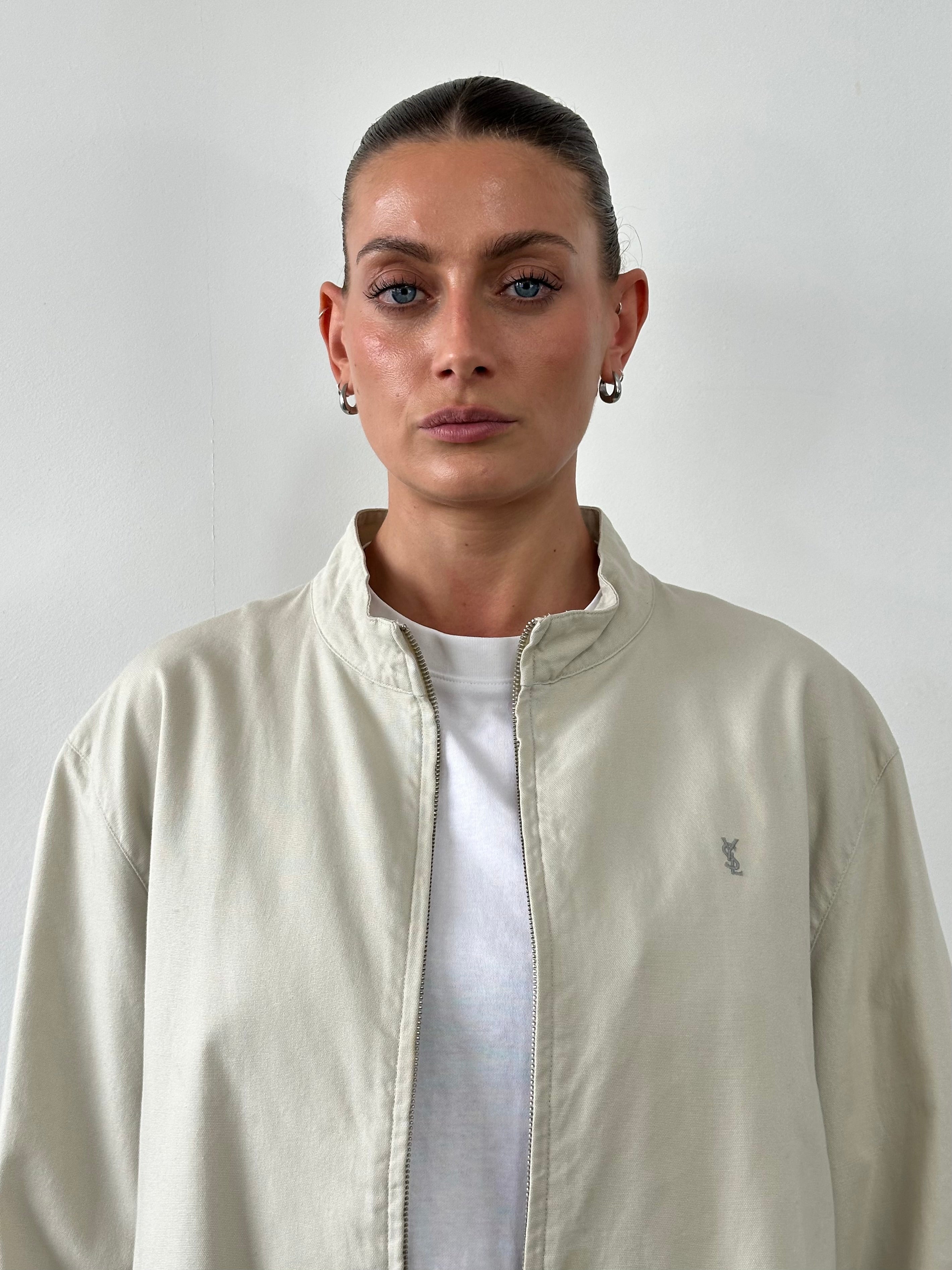 Yves Saint Laurent Pour Homme cotton bomber jacket with double zip closure and logo details, in XL size, shown on a hanger.