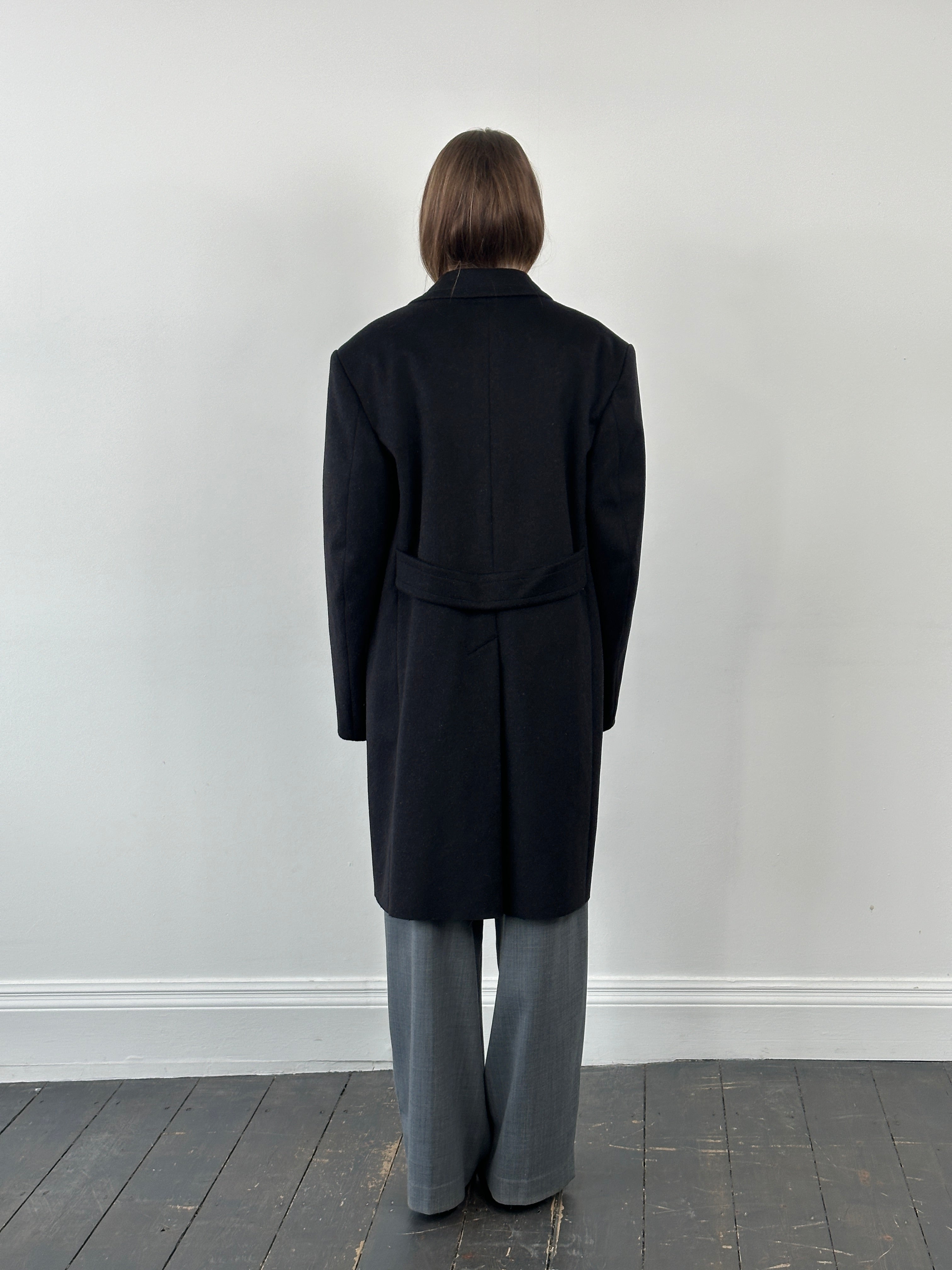 Vintage Italian 1980s wool double-breasted coat in XL, classic design with tailored lapels and button details, displayed on a hanger.